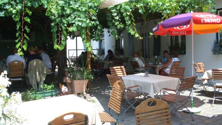 Ein gemütlicher Garten mit Tischen und Stühlen unter einer Laube aus Weinreben, Menschen sitzen und genießen die Atmosphäre.