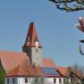Kirche mit rotem Dach und Uhrturm, blauer Himmel, Magnolienblüte im Vordergrund.