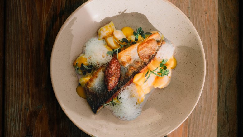 Gourmetgericht mit Fischfilet, Schaum und Kr&auml;utern auf Keramikteller.