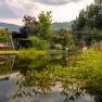 Ein idyllischer Garten mit Teich, Schaukel und üppiger Vegetation im Naturhotel Molzbachhof.