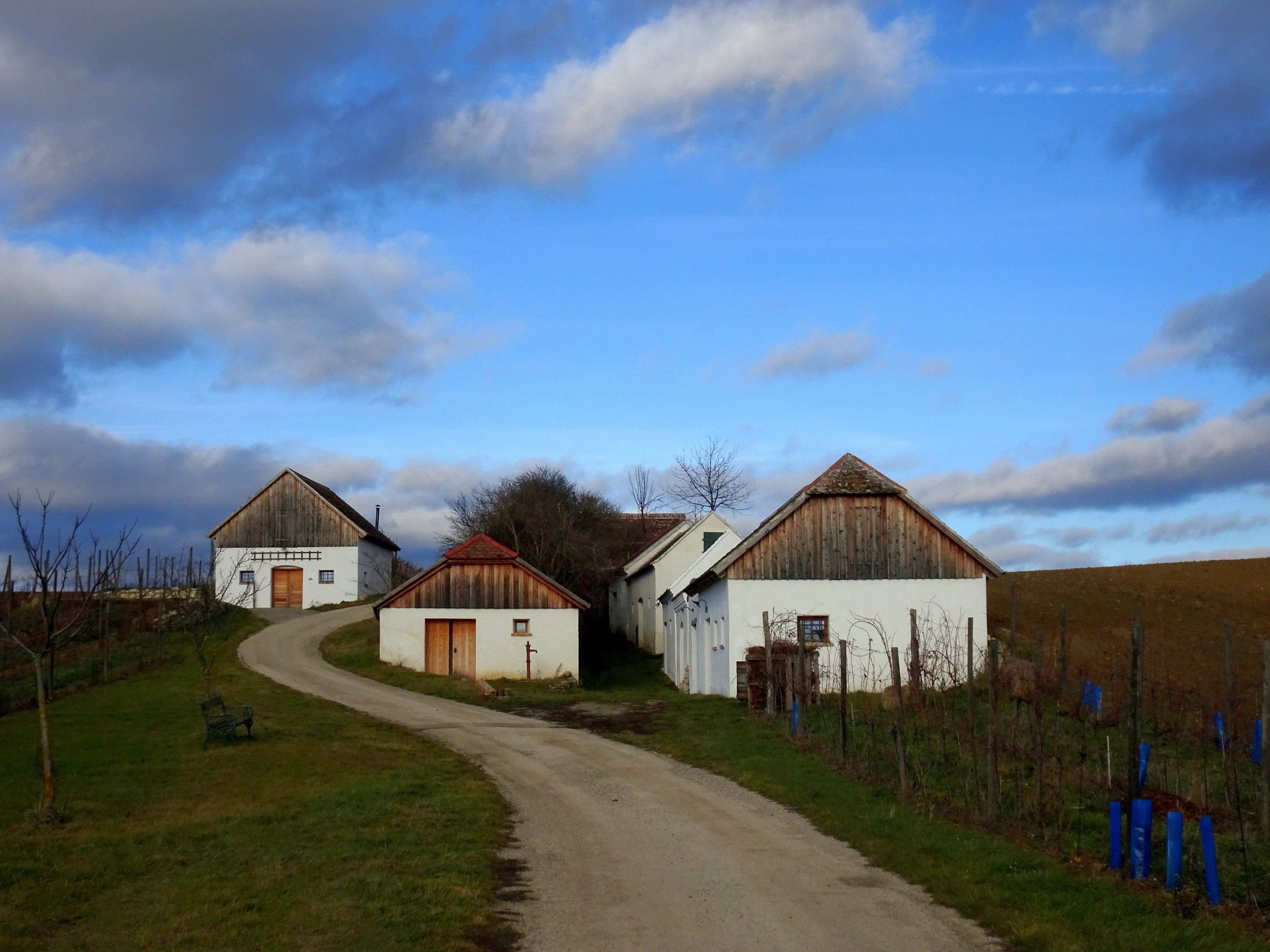 Weinkeller in einer ländlichen Landschaft mit blauem Himmel und Wolken.