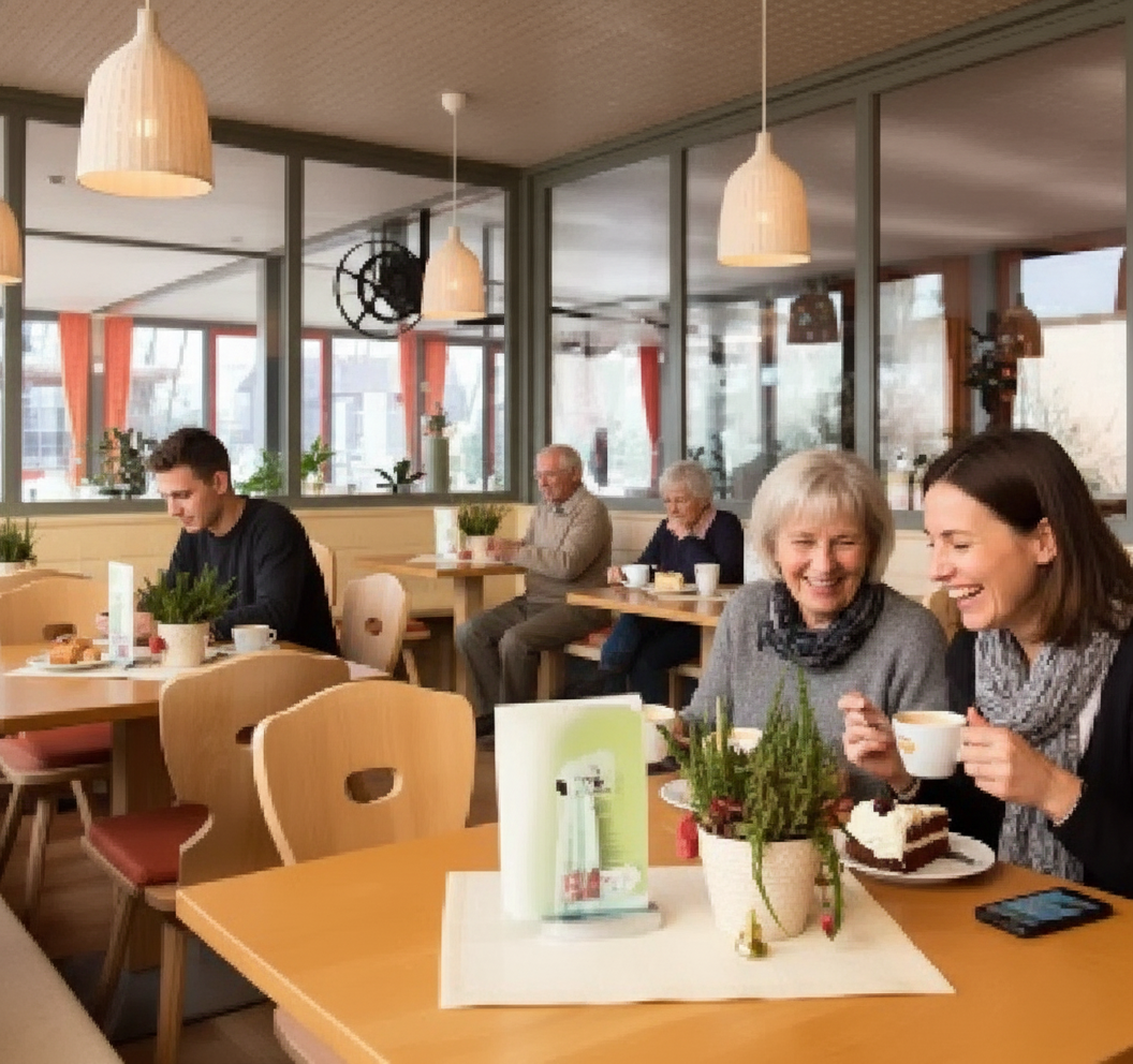 Menschen in einem Café, die Kaffee trinken und Kuchen essen.