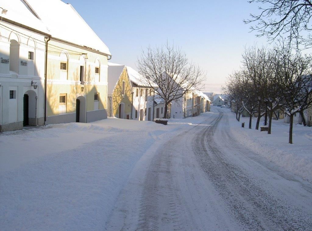 Verschneite Straße mit historischen Gebäuden und Bäumen in Straning, Österreich.