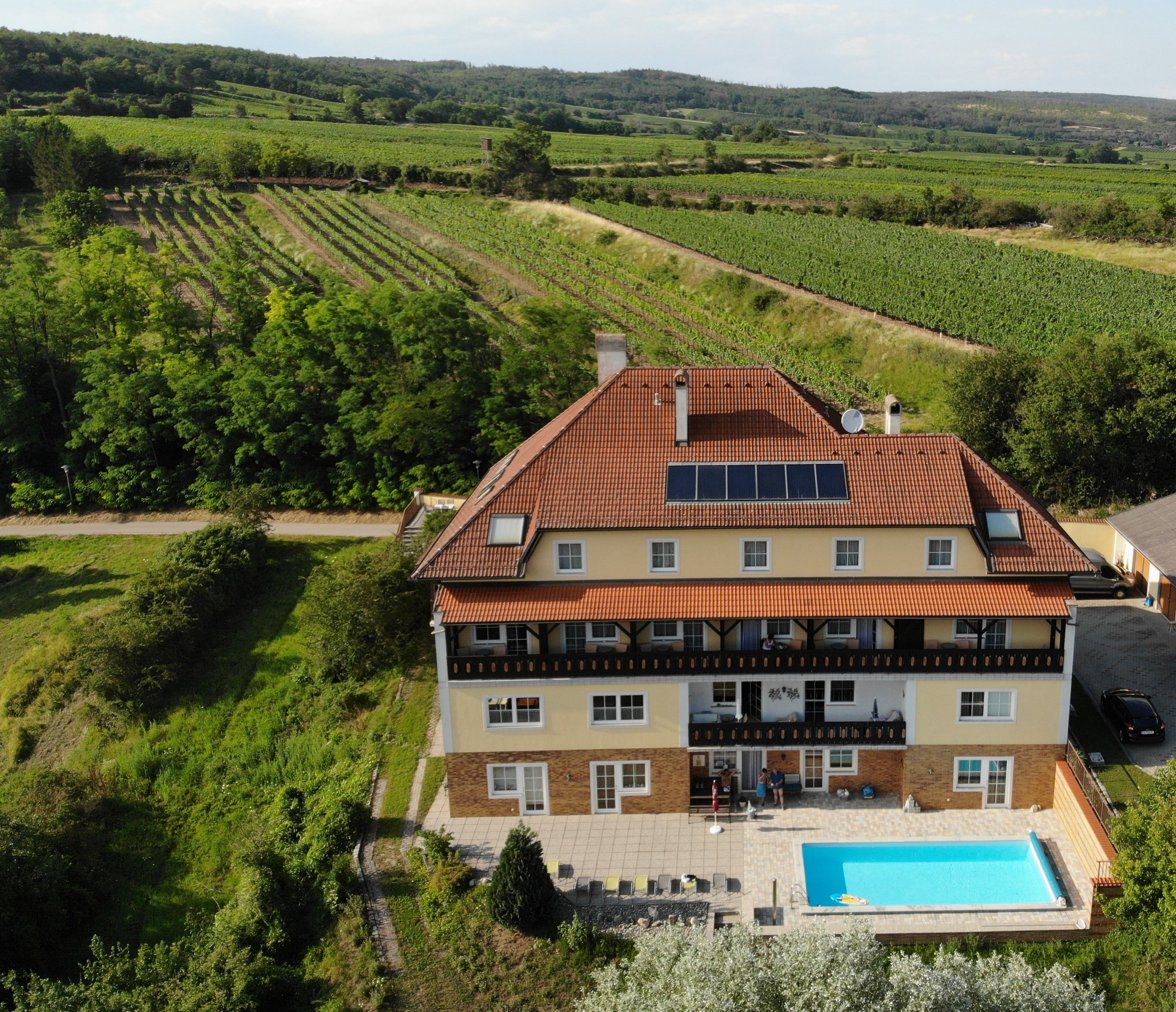 Luftaufnahme eines großen Hauses mit Pool und Solarpanelen, umgeben von Weinbergen.