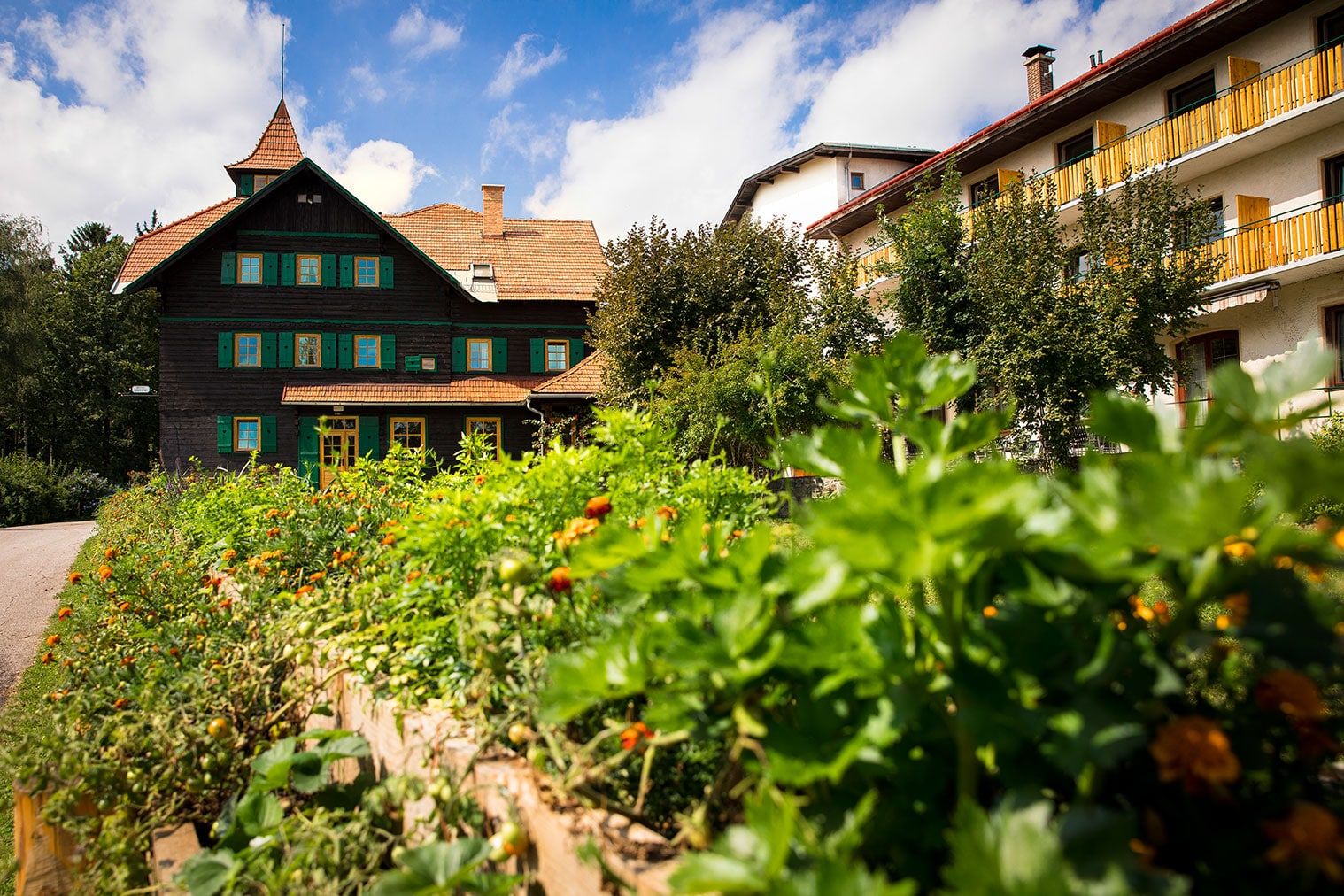 Ein traditionelles Gebäude mit grünem Fensterladen und einem Garten im Vordergrund unter blauem Himmel.