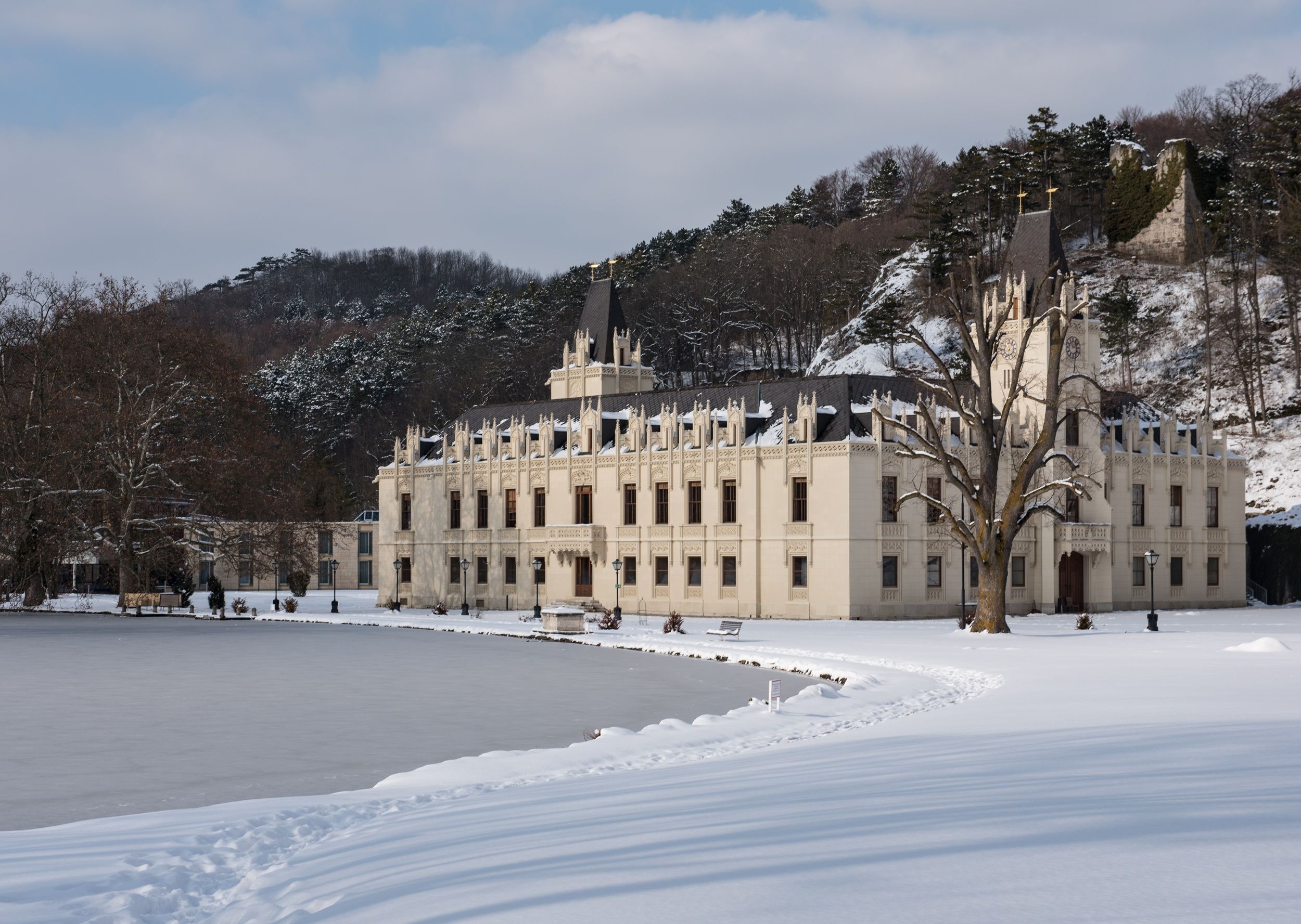 Schloss Hernstein Aussenansicht mit Schnee und zugefrorenem Teich