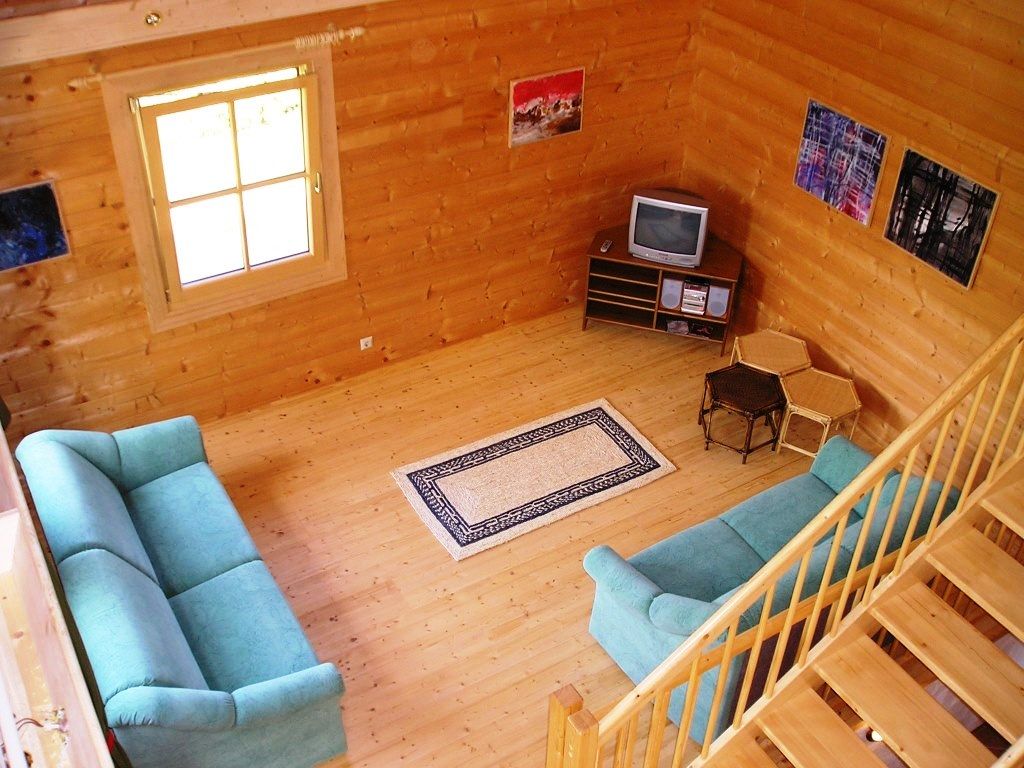 Holzvertäfeltes Wohnzimmer mit zwei grünen Sofas, einem kleinen Fernseher und einem Teppich auf Holzboden.