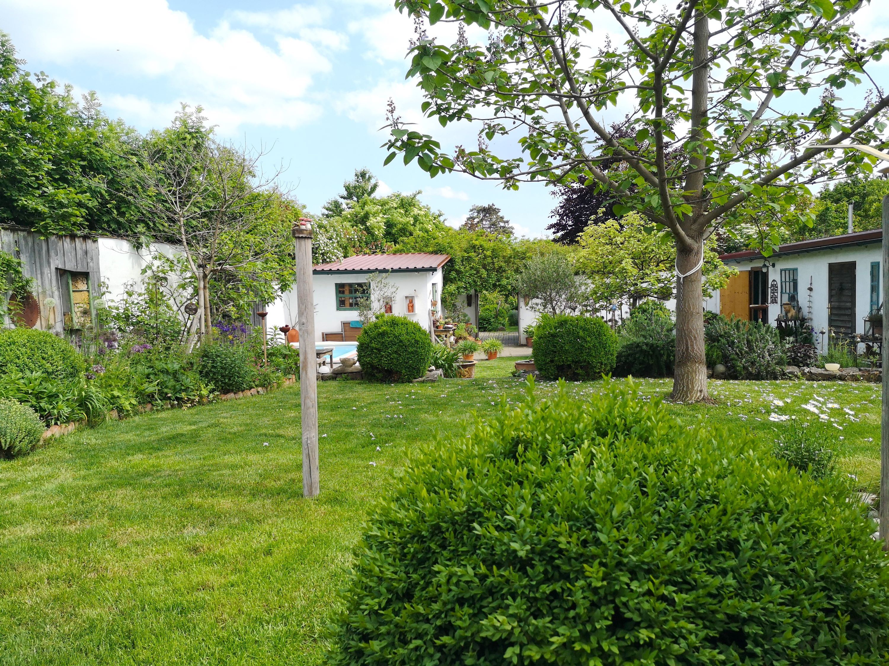 Ein gepflegter Garten mit Rasen, Bäumen und Sträuchern, umgeben von weißen Gebäuden und einem blauen Himmel im Hintergrund.