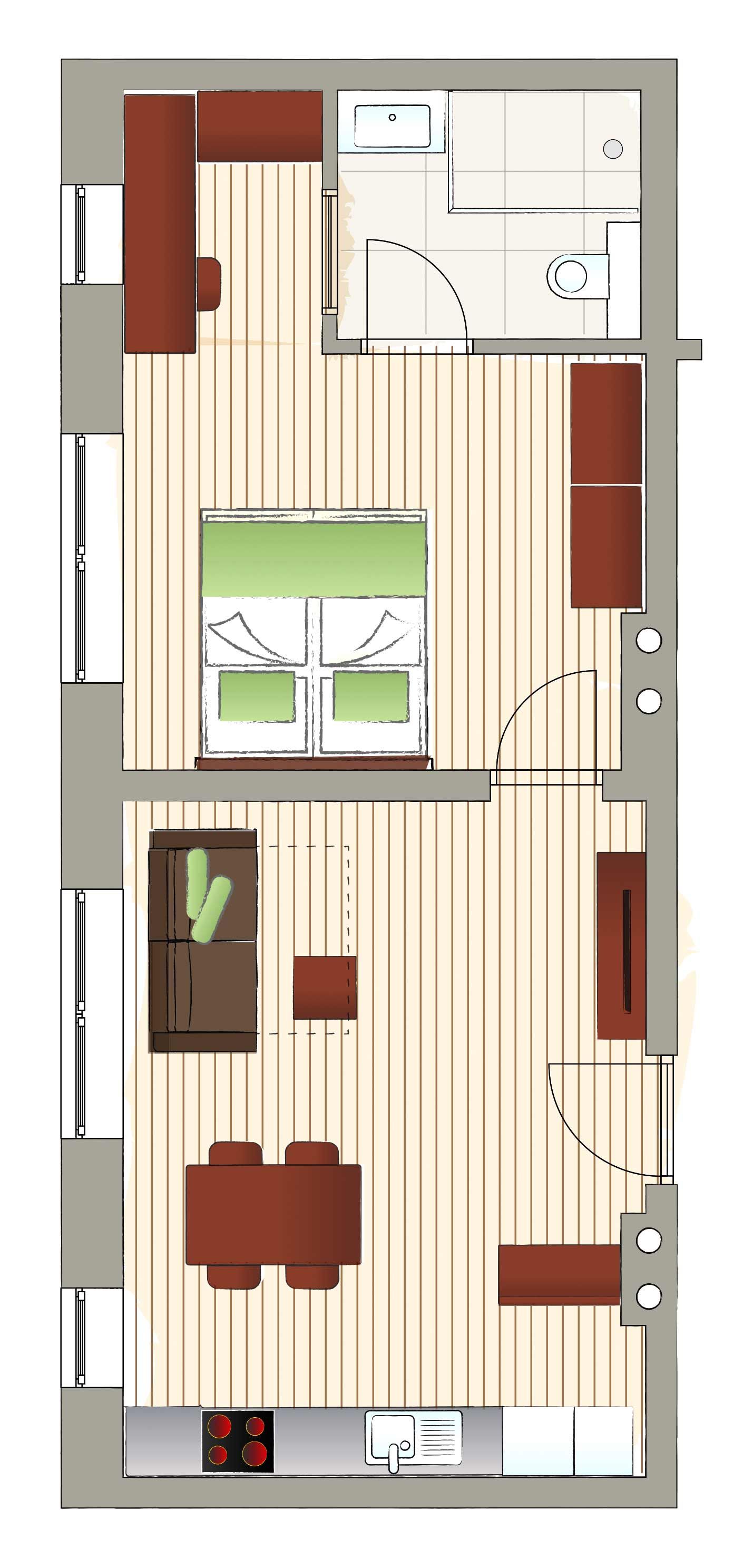 Grundriss einer Wohnung mit Küche, Wohnzimmer und Bad.