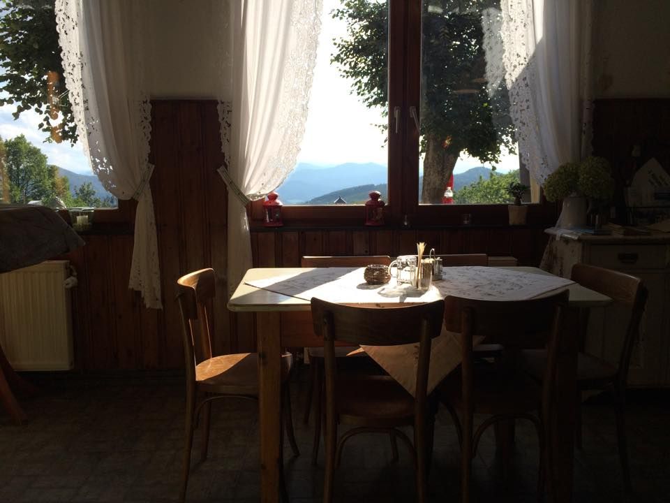 Ein gemütlicher Essbereich mit Holztisch und Stühlen vor einem großen Fenster mit Blick auf Berge und Bäume.