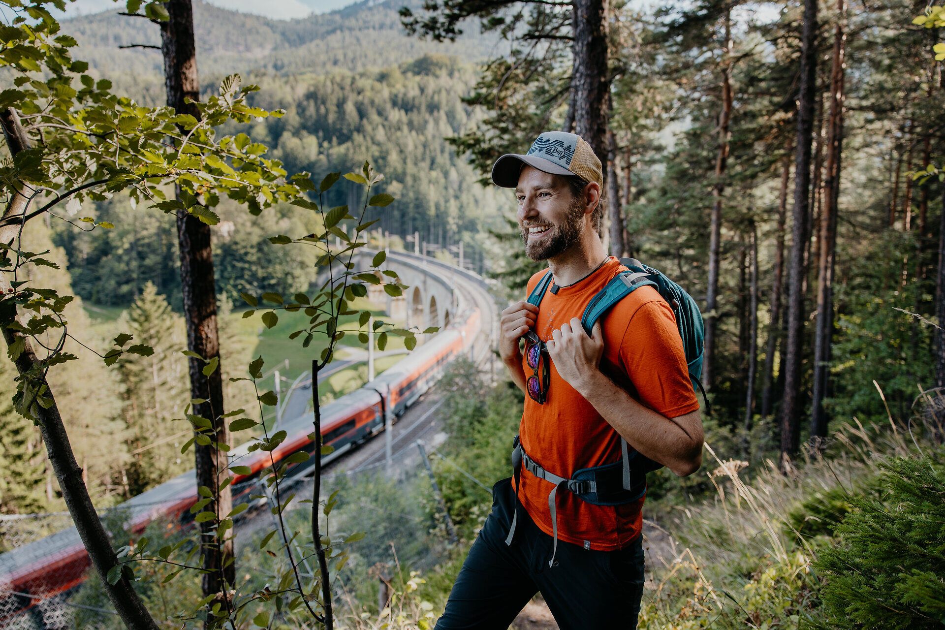Ein Wanderer blickt auf einen Zug der gerade über ein Viadukt fährt