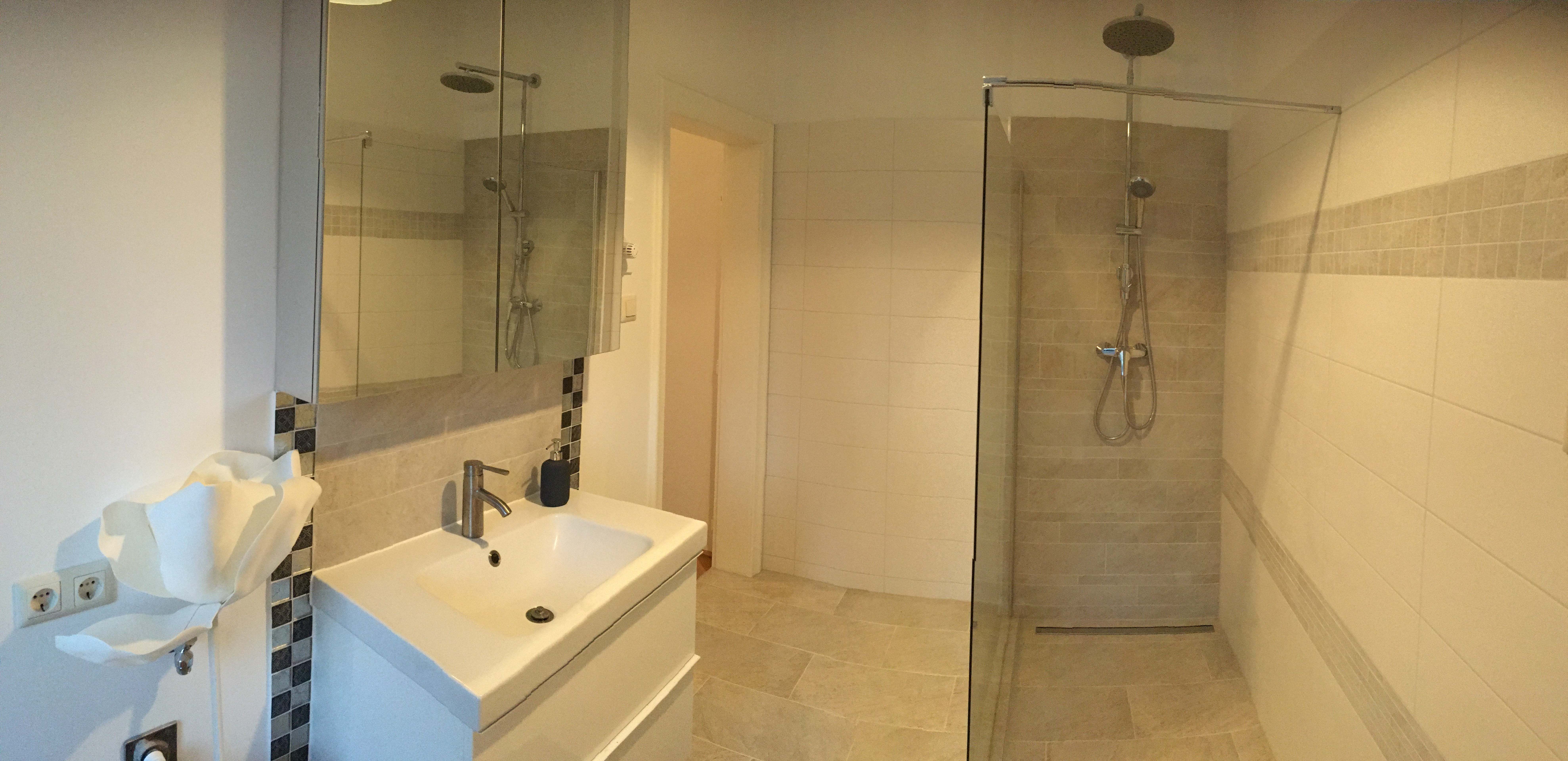 Modernes Badezimmer mit Dusche, Waschbecken und Spiegel.