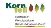 Logo der Mostschank Familie Kornfell mit Blättern und Text in grüner Schriftfarbe.