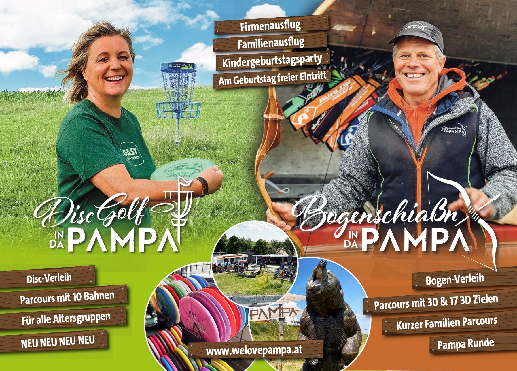 Flyer für Disc Golf und Bogenschießen in der Pampa mit Bildern von einer Frau mit einer Discgolf Scheibe und einem Mann mit einem Bogen in der Hand.