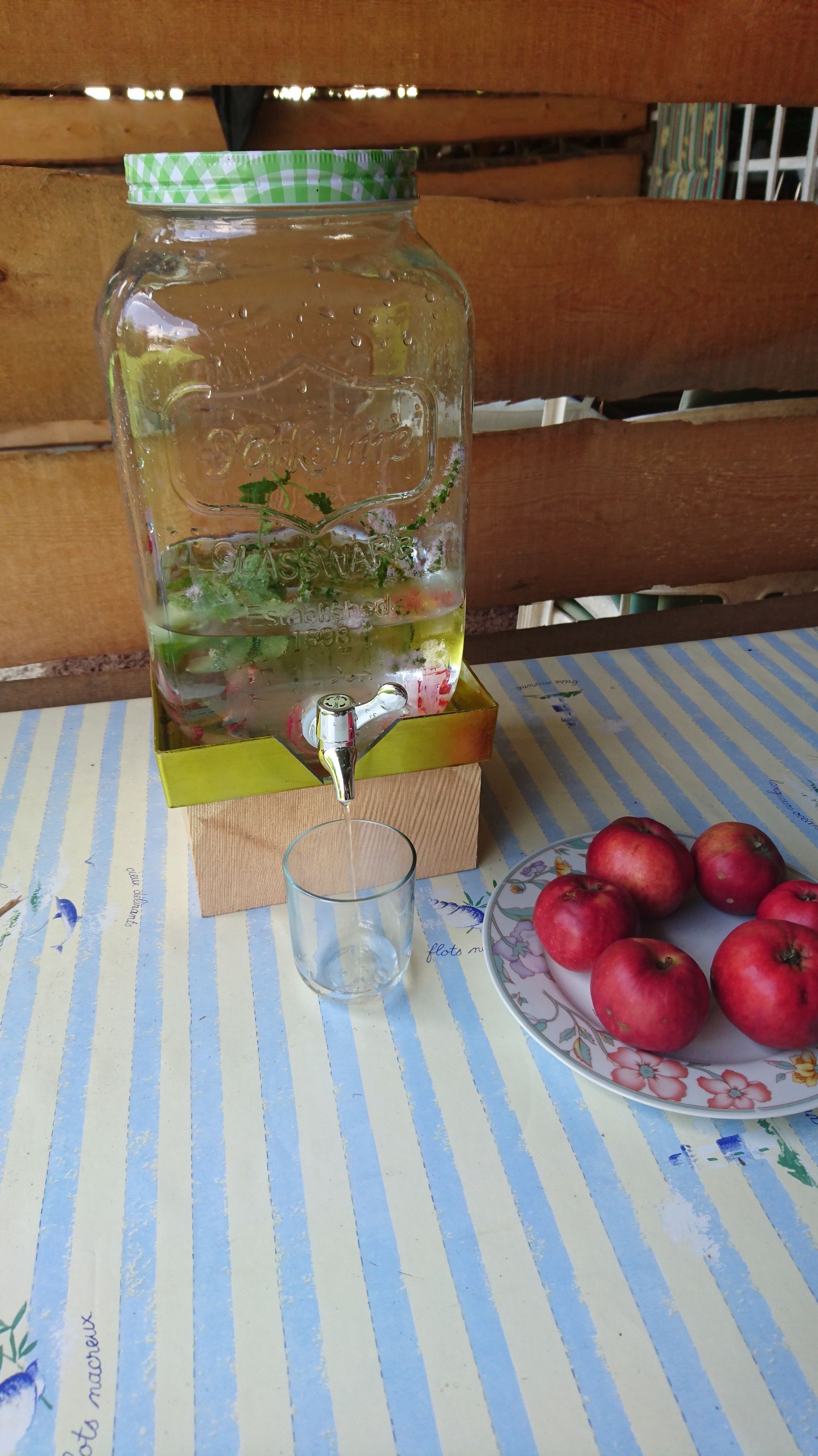 Ein Glasbehälter mit Wasser und Kräutern, daneben ein Glas und ein Teller mit roten Äpfeln auf einem gestreiften Tisch.