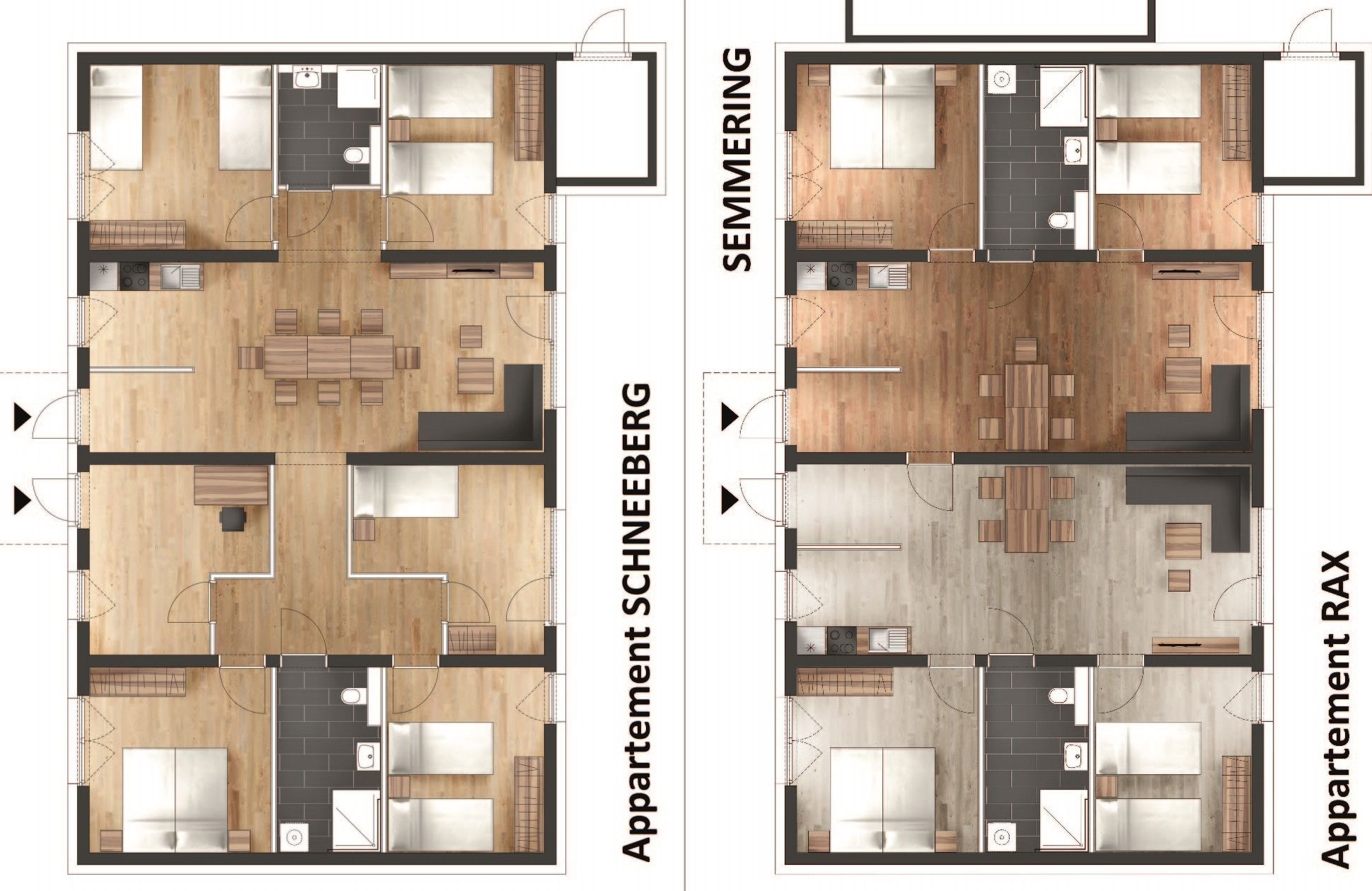 Grundriss von zwei Ferienwohnungen mit Beschriftungen 'Appartement Schneeberg' und 'Appartement Rax'.