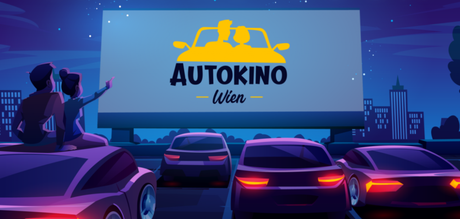 Illustration eines Autokinos in Wien bei Nacht mit Autos und einer großen Leinwand.