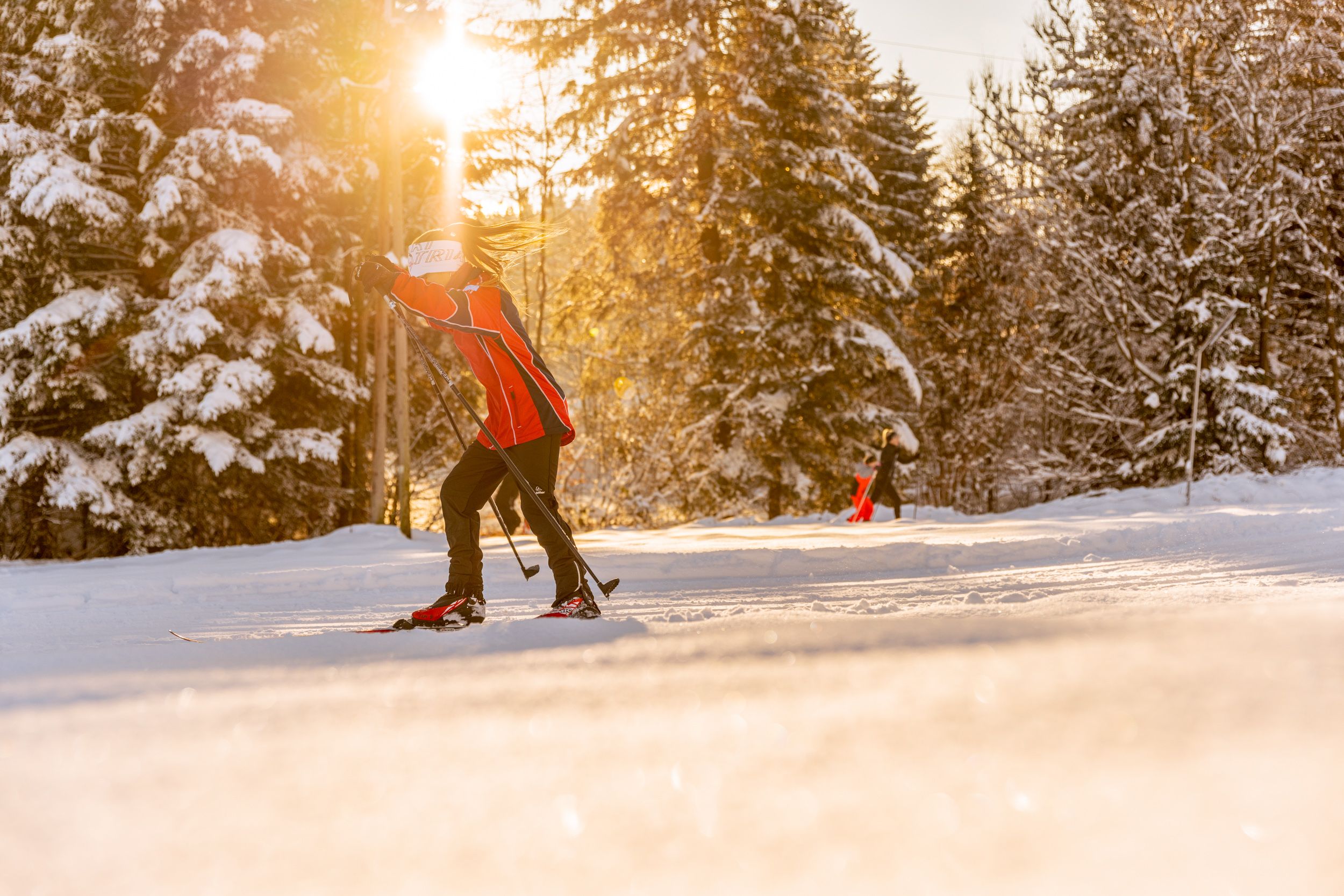 Langläufer auf einer verschneiten Loipe bei Sonnenuntergang.