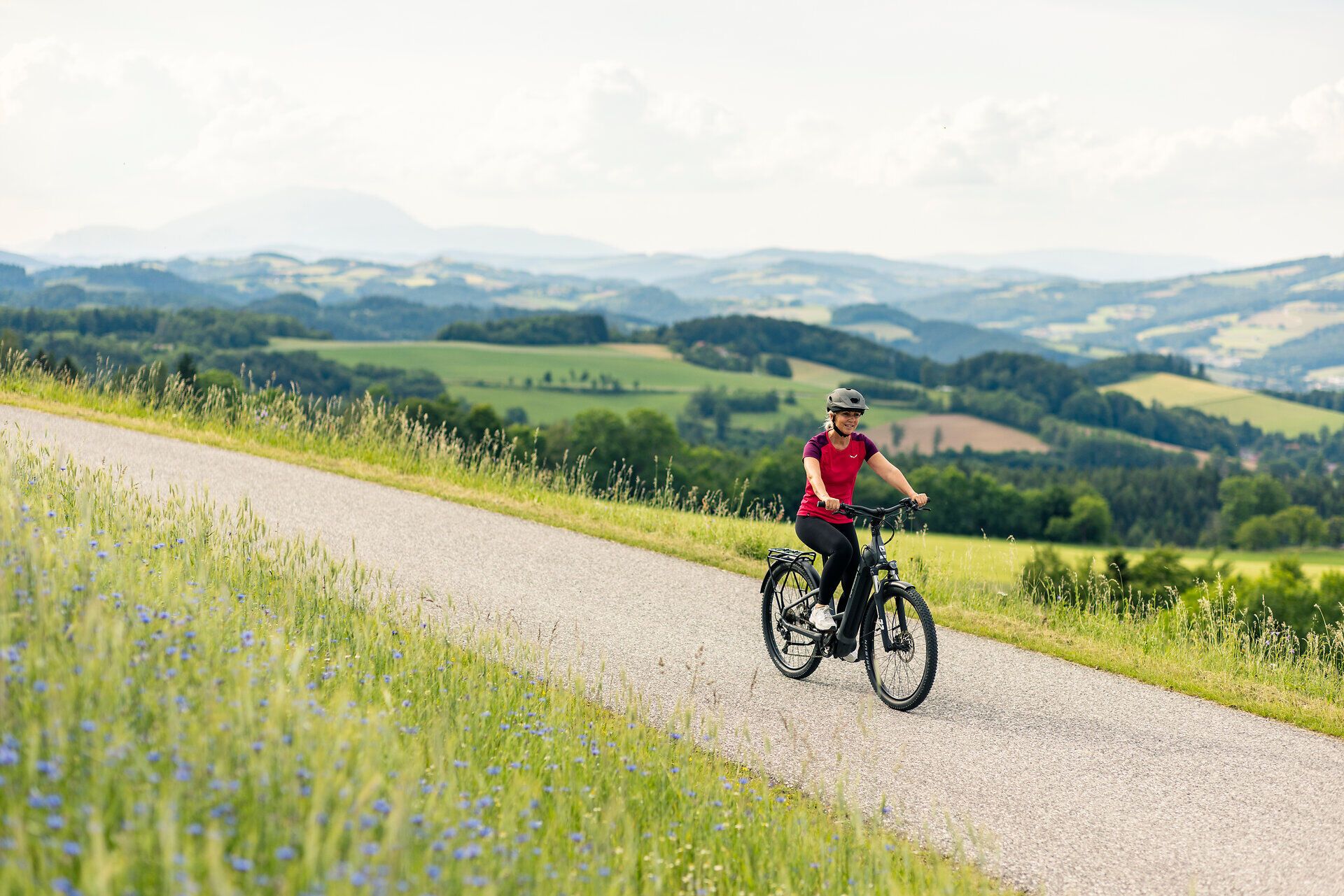 Ein Radfahrer fährt eine kleine Straße entlang. Im Vordergrund eine Wiese mit Gräsern und Blumen, im Hintergrund die Hügeln der Buckligen Welt.