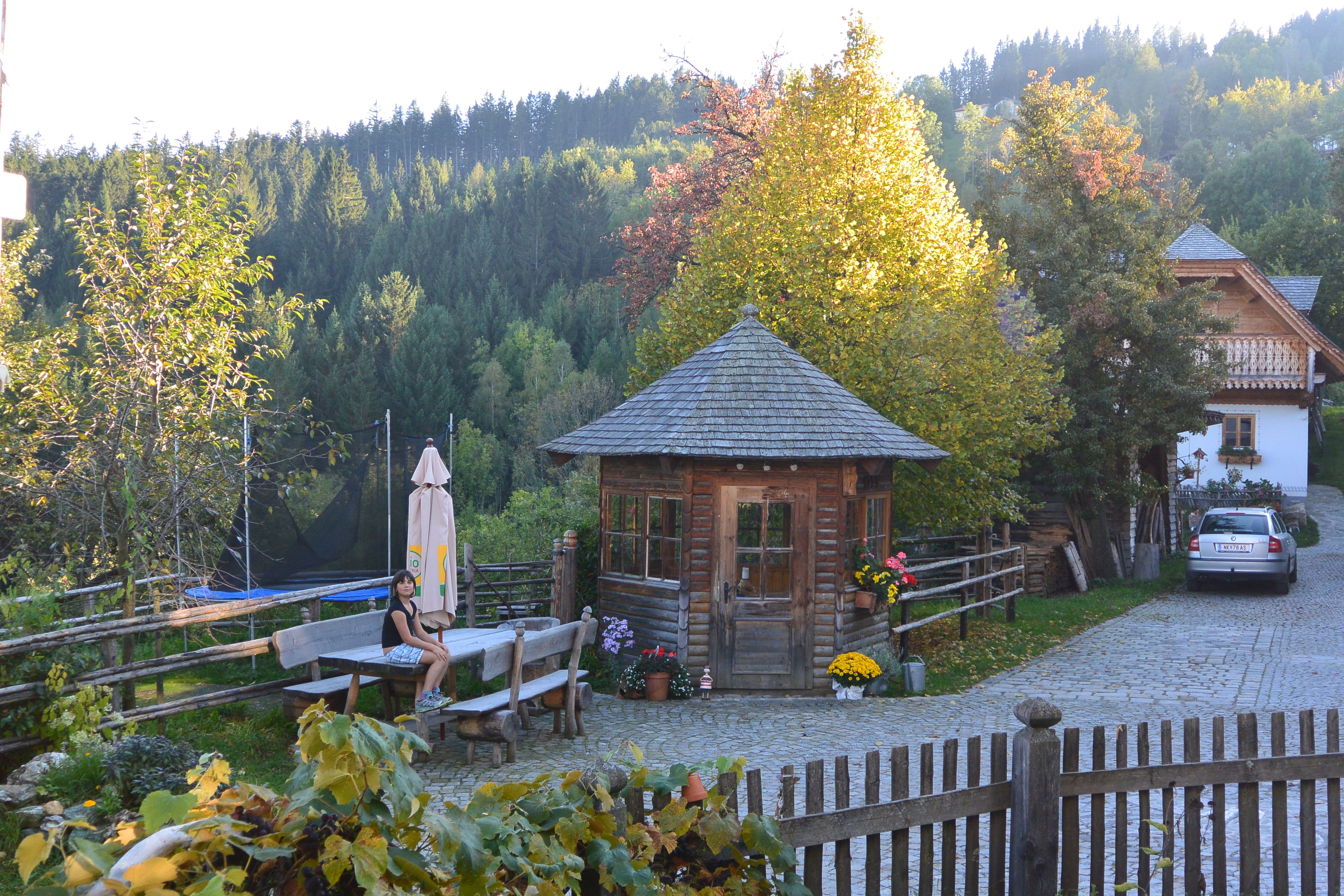 Ländlicher Hof mit Holzhütte, Holzbank, Holzzaun und grauem Auto, im Hintergrund ein Wald.