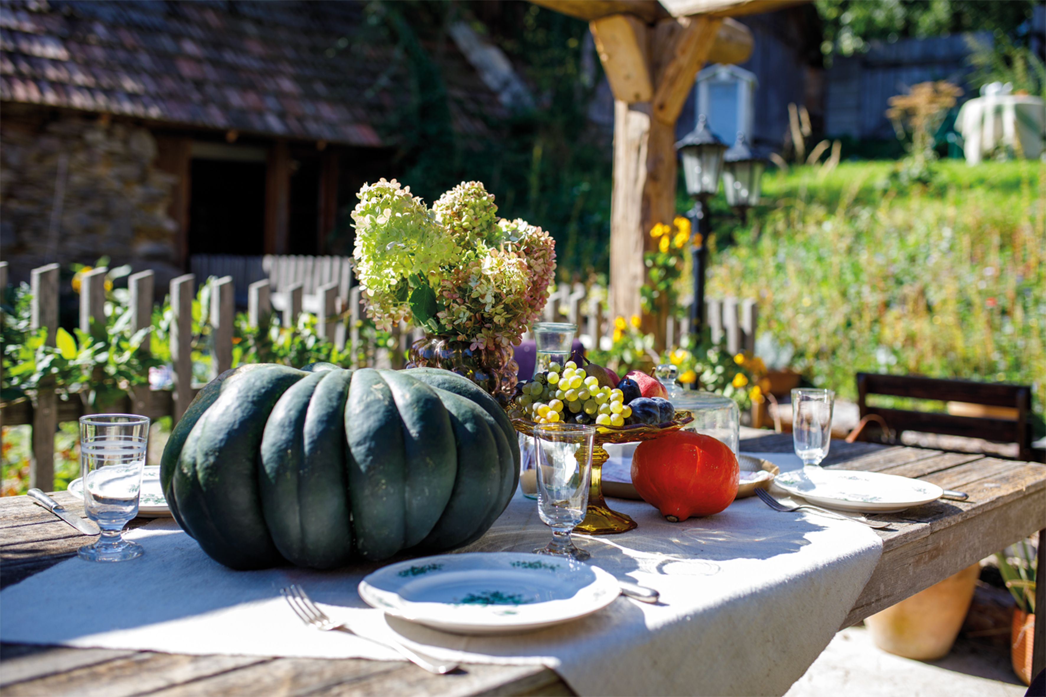 Ein rustikaler Holztisch im Freien, gedeckt mit einem großen Kürbis, Trauben, Blumen und Geschirr, umgeben von einem Gartenzaun und Pflanzen.