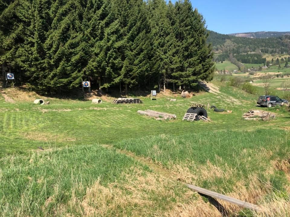 3D-Bogenparcours mit Zielen und Wald im Hintergrund.