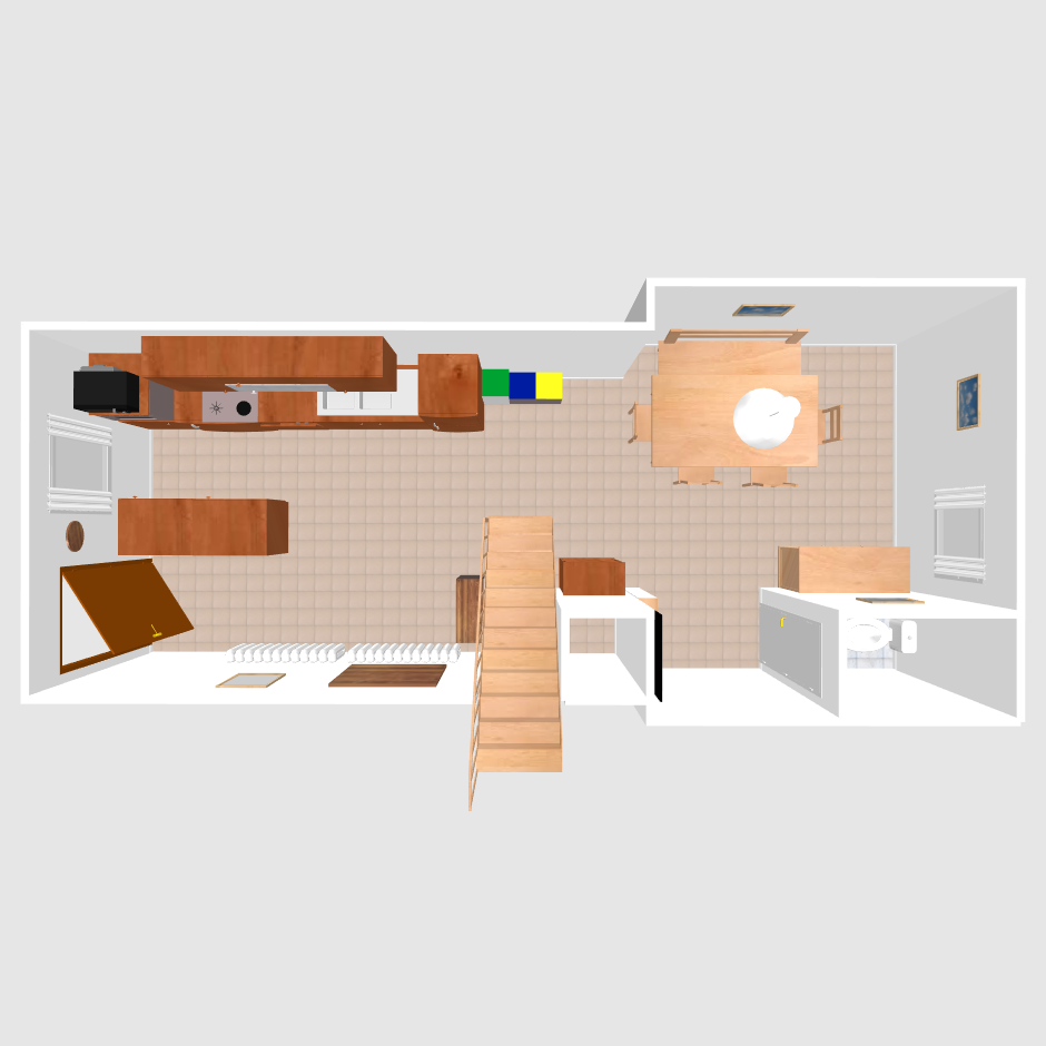 3D-Grundriss einer Wohnung mit Küche, Esstisch, Treppe und Badezimmer.