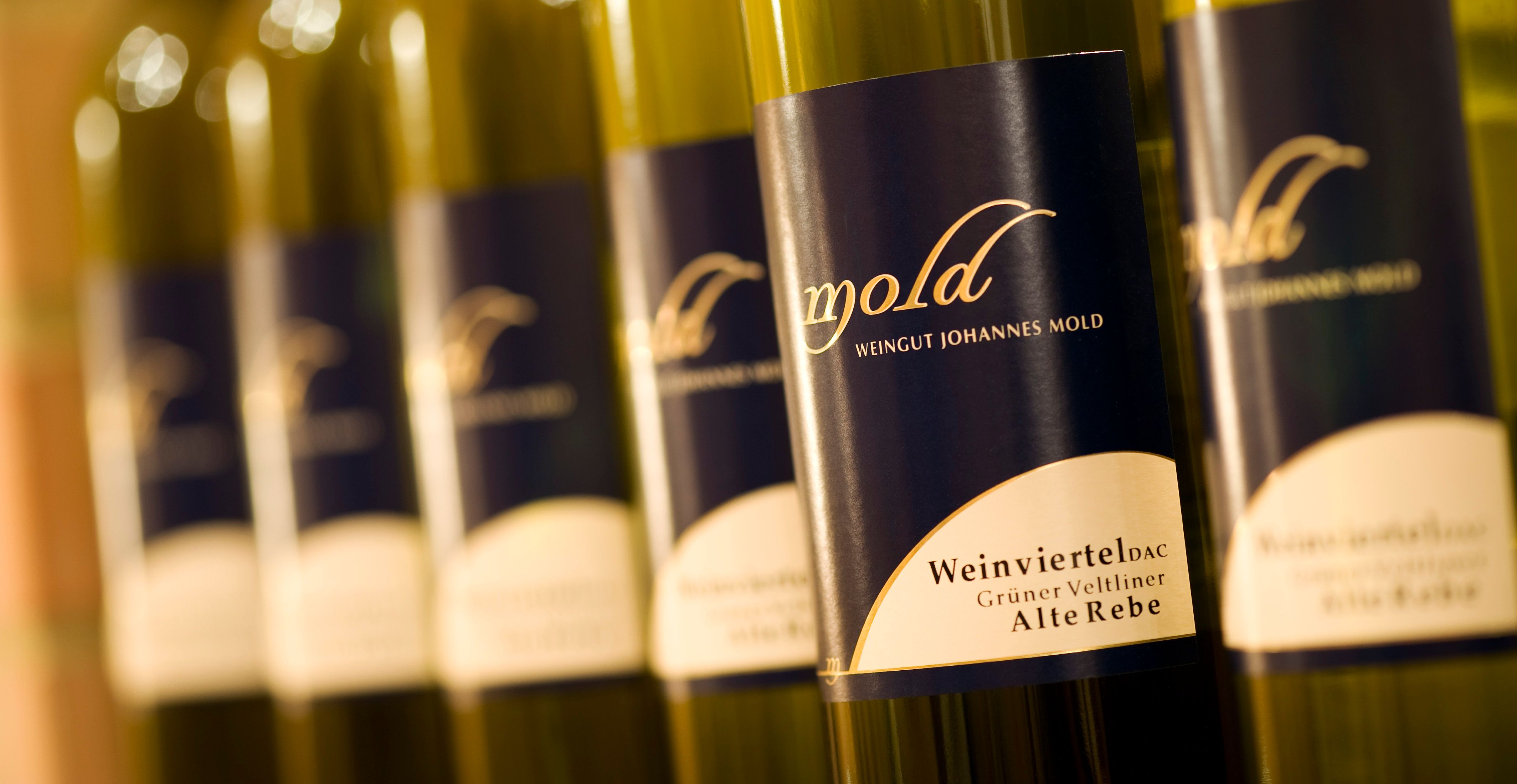 Nahaufnahme von Weinflaschen mit Etikett 'Mold Weingut Johannes Mold'.