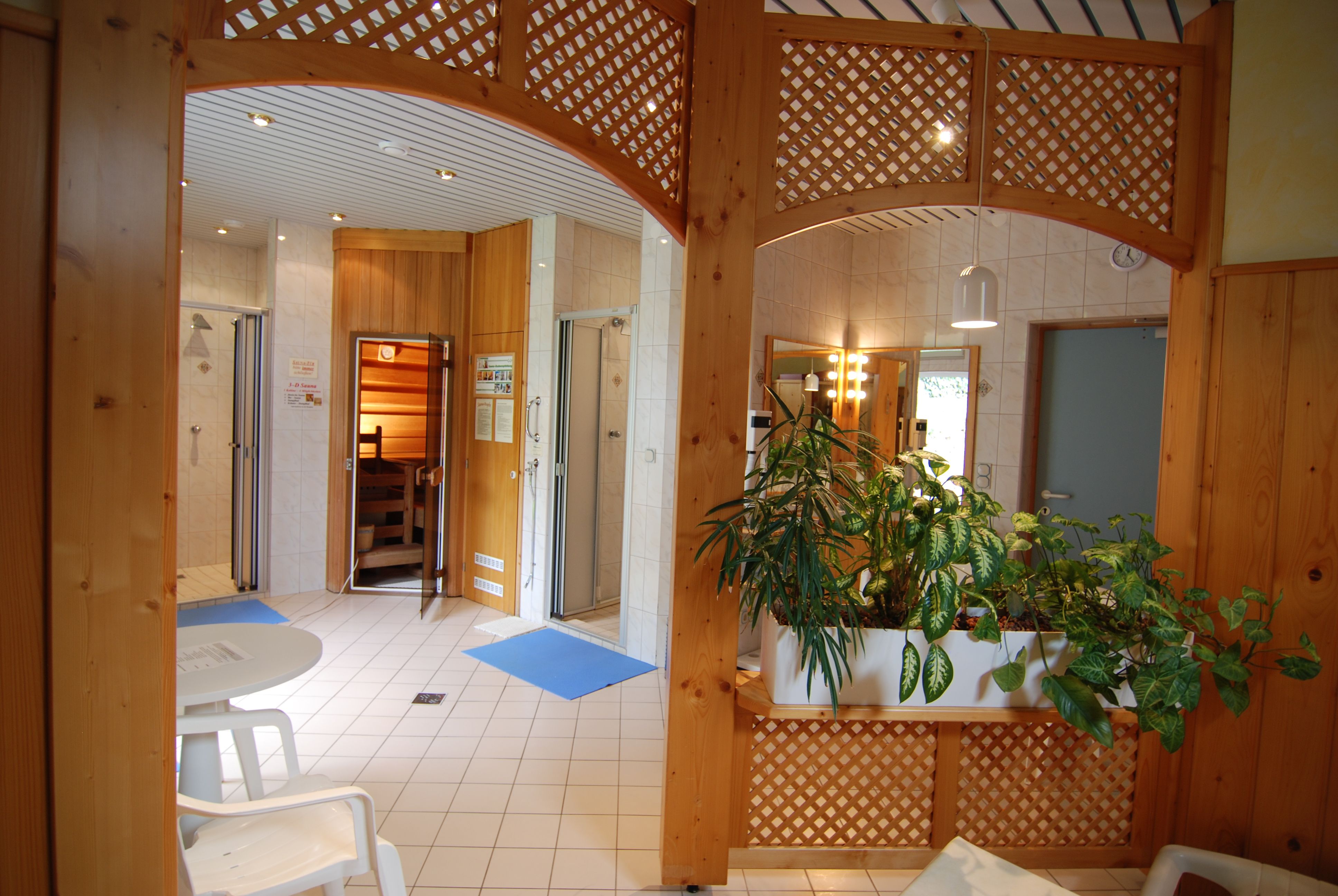 Innenansicht eines Wellnessbereichs mit Sauna, Pflanzen und Sitzbereich.