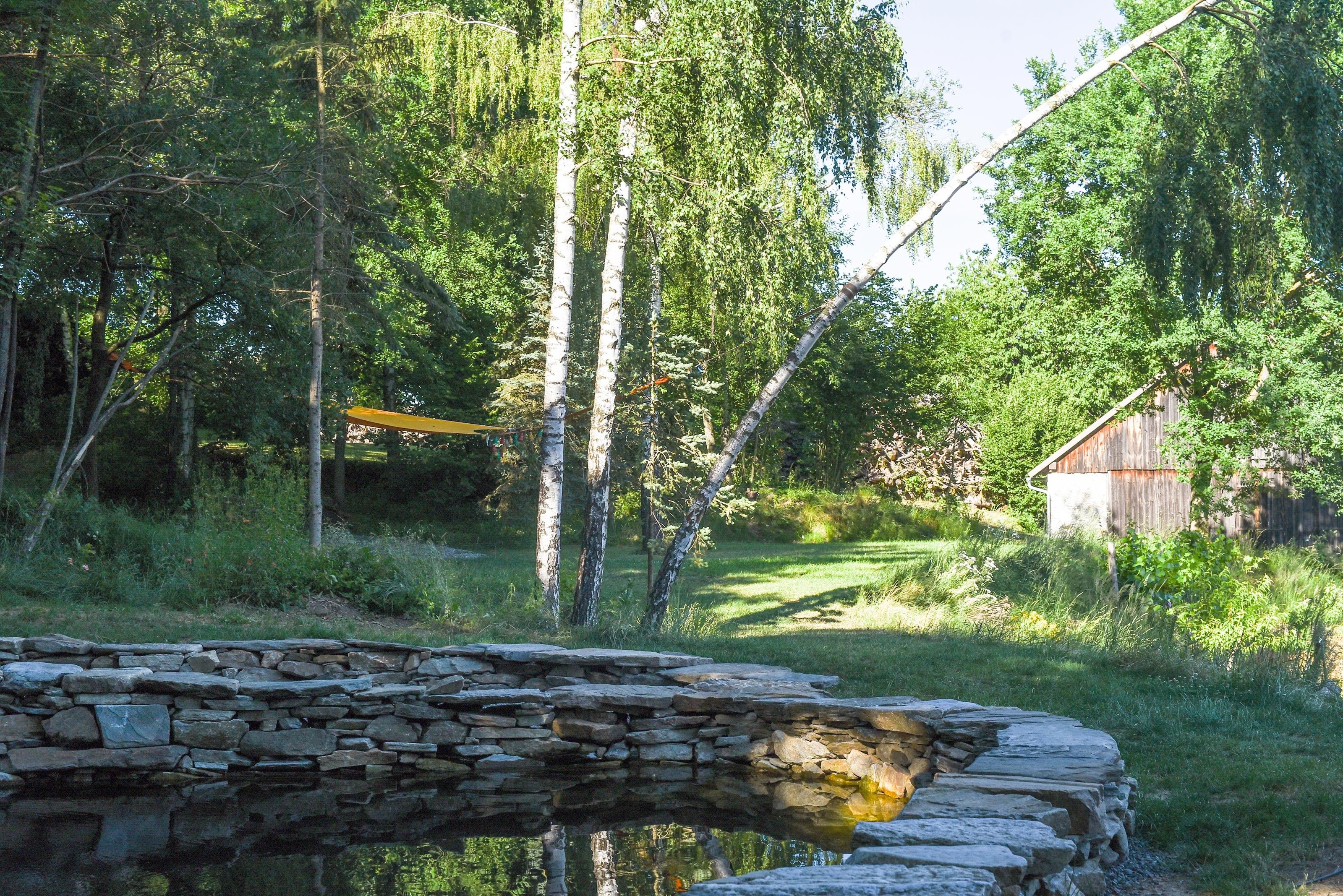 Ein Garten mit einem kleinen Teich aus Natursteinen, umgeben von Bäumen und einem Holzschuppen im Hintergrund.