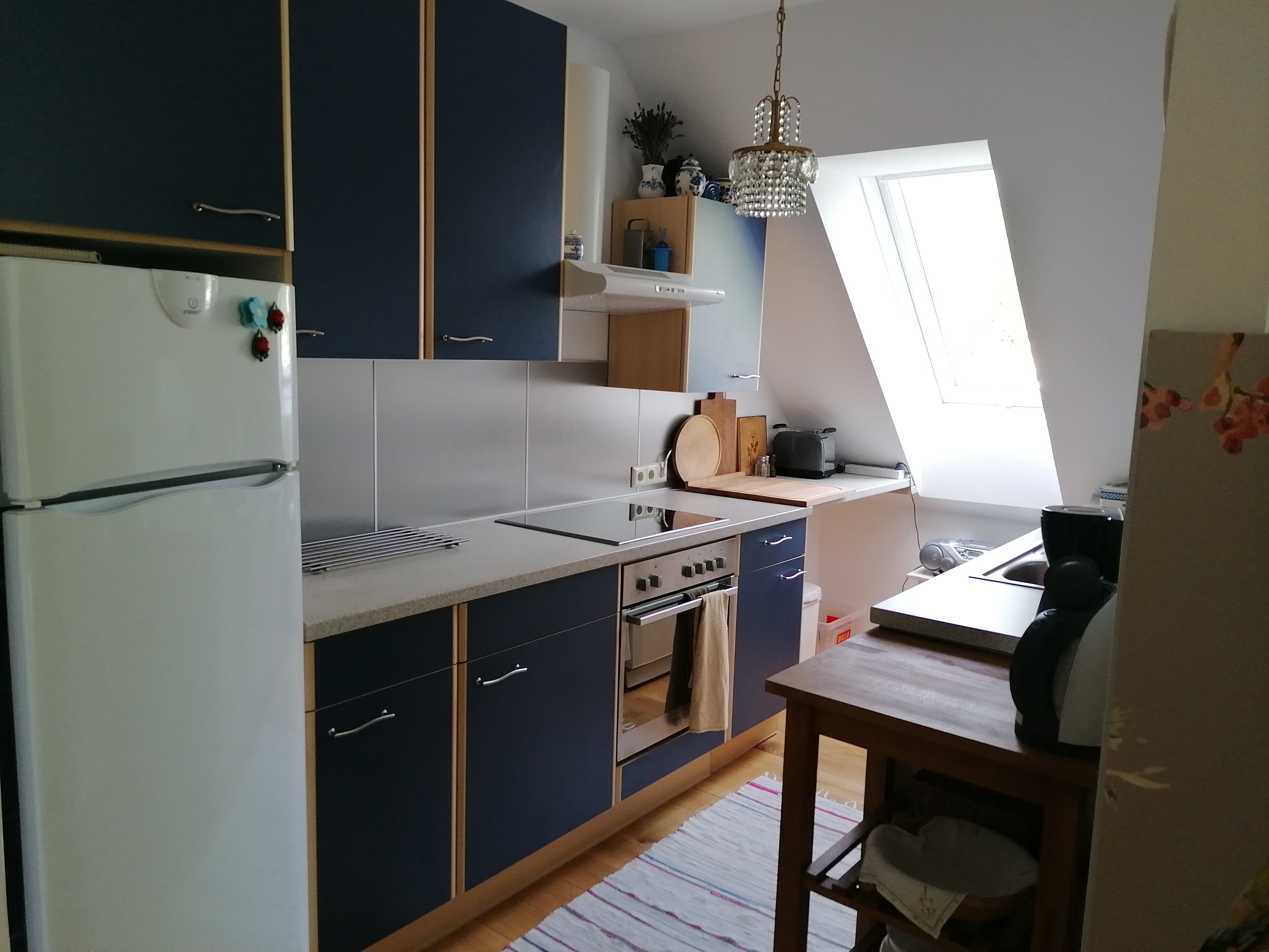 Moderne Küche mit blauen Schränken, Herd, Kühlschrank und Dachfenster.