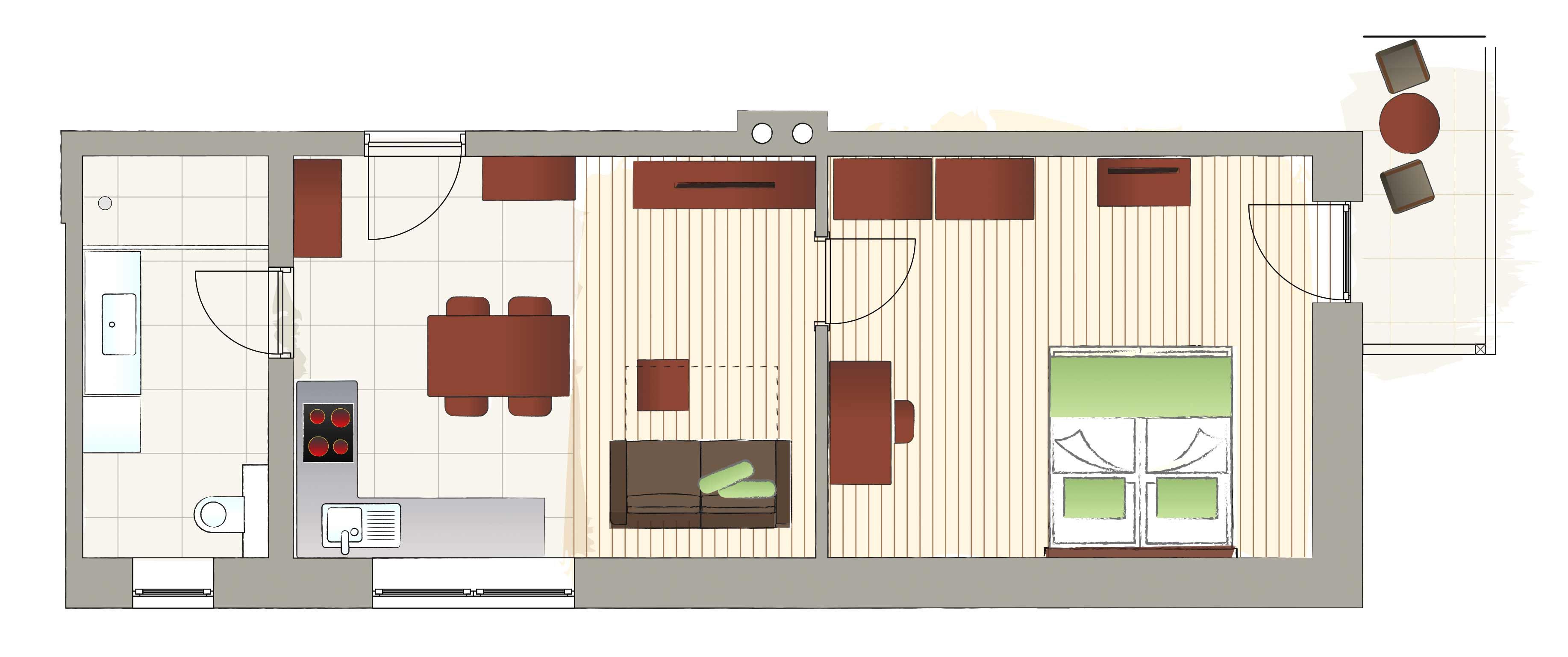 Grundriss einer Wohnung mit Küche, Wohnzimmer, Bad und Balkon.