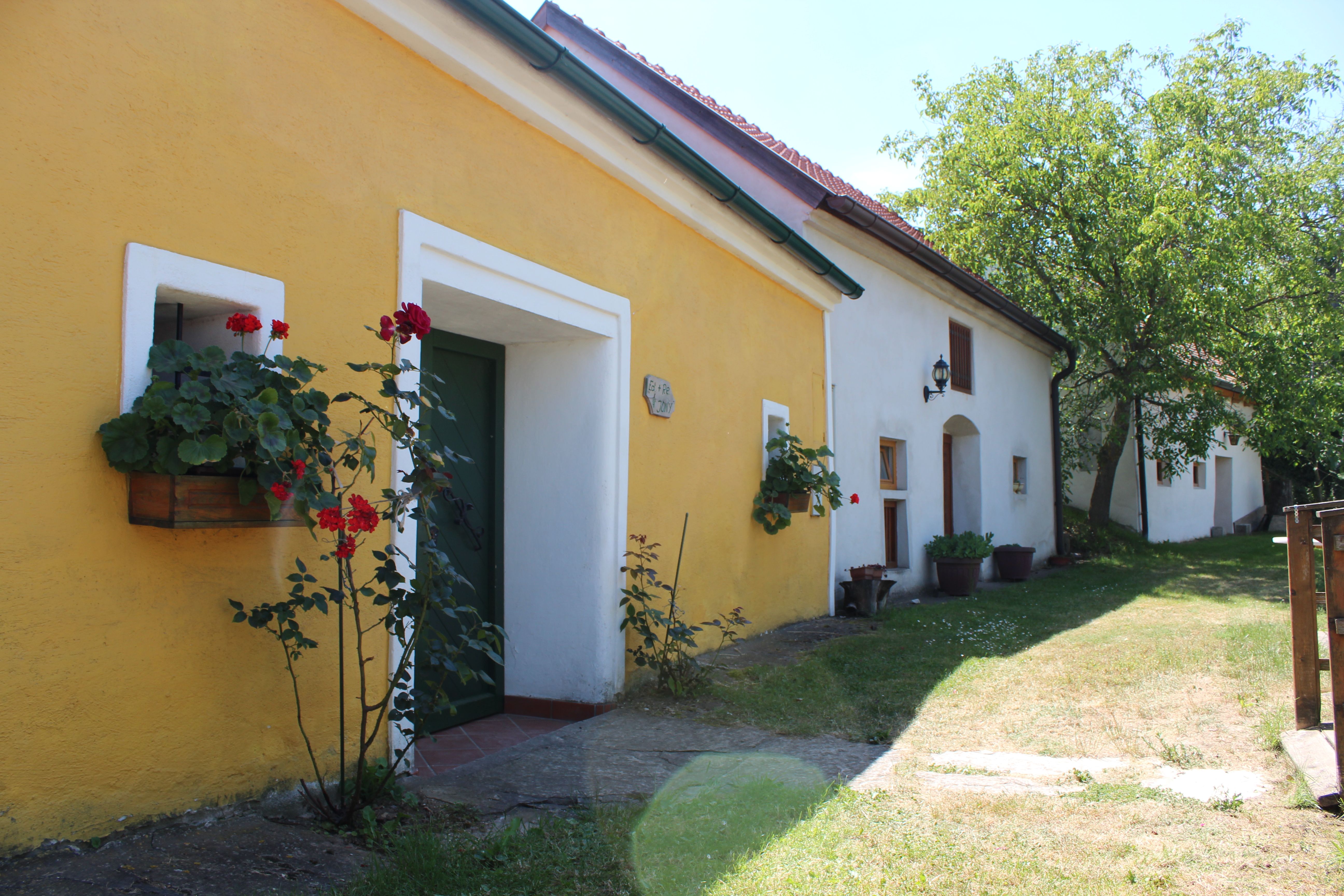 Gelbes und weißes Gebäude in einer Kellergasse mit Blumen und Bäumen.