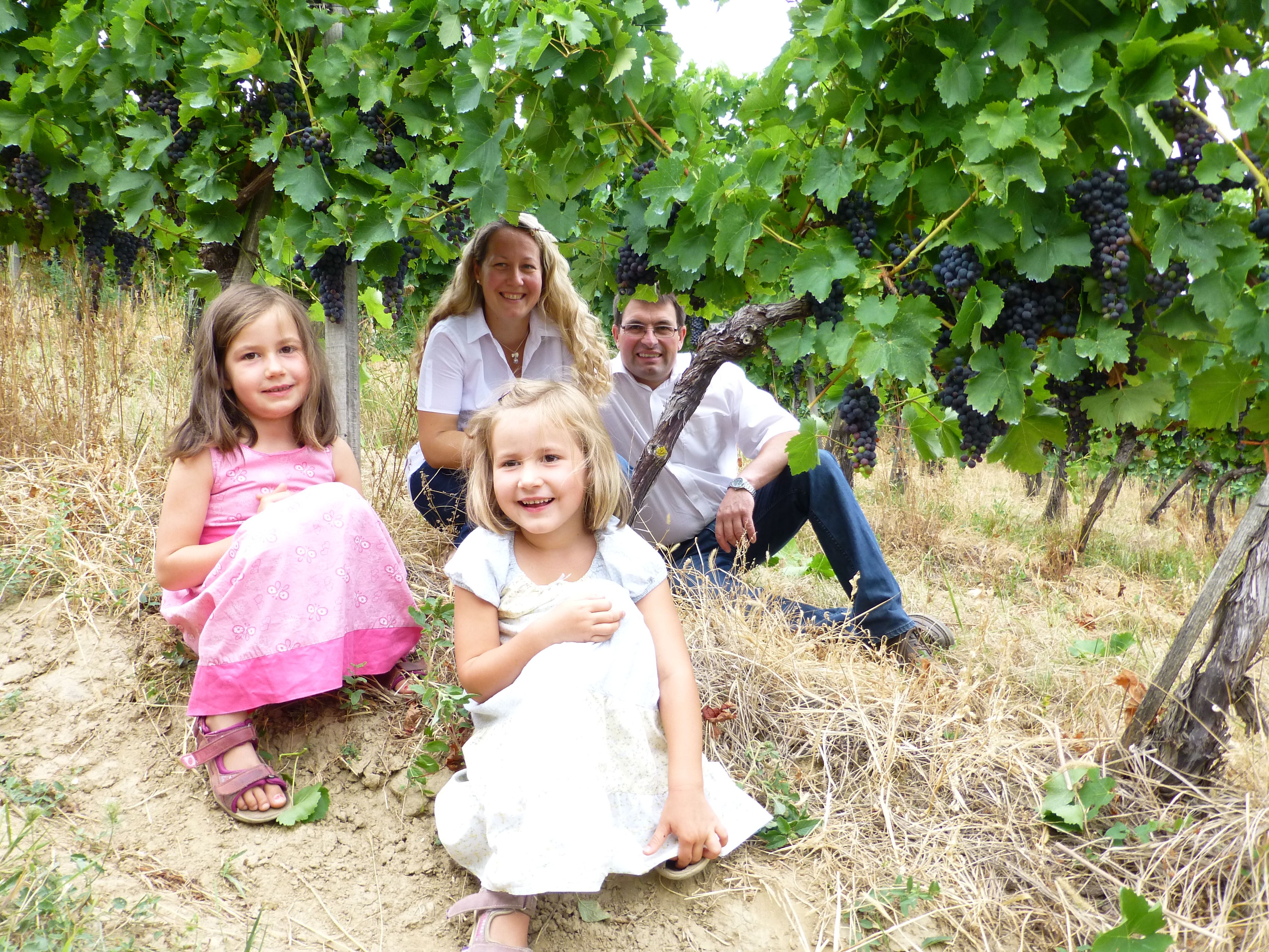 Familie sitzt in einem Weinberg, umgeben von grünen Blättern und Trauben.