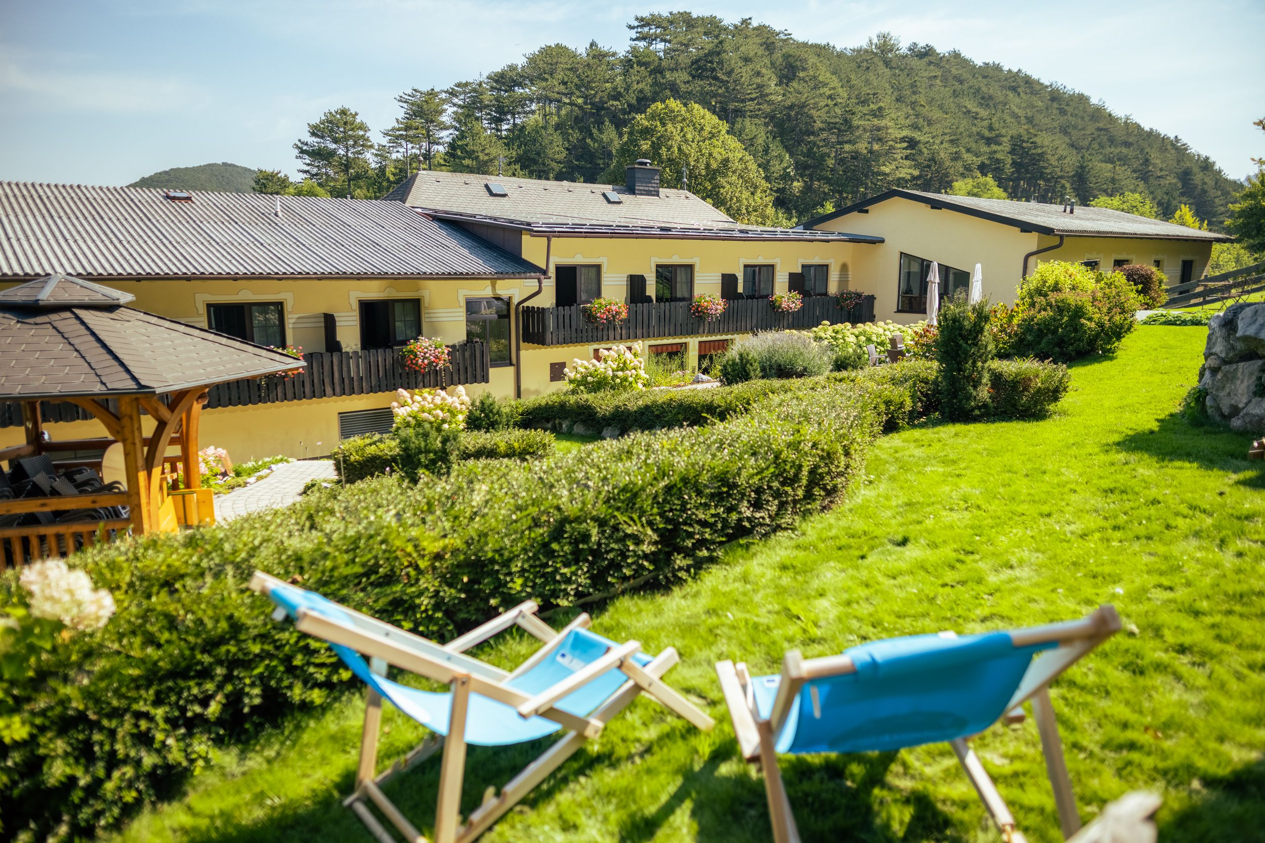 Zwei blaue Liegestühle auf einer grünen Wiese vor einem gelben Gebäude mit Blumen auf den Balkonen.