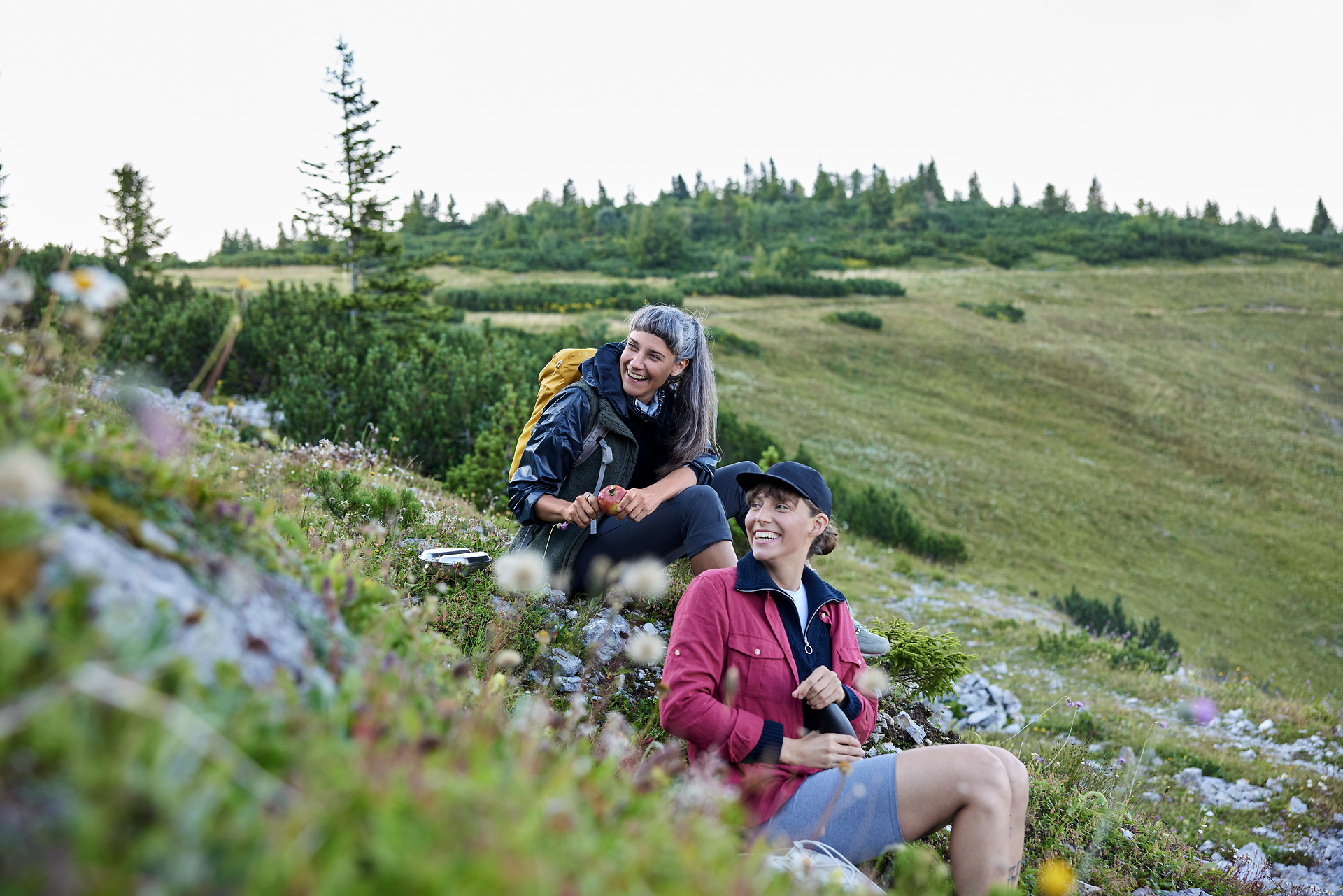 Inmitten der atemberaubenden Landschaft der Raxalpe genießen zwei Wanderer eine wohlverdiente Pause. Umgeben von blühenden Alpenkräutern und sanften Hügeln strahlt die Szenerie eine friedliche Atmosphäre aus, die zum Verweilen einlädt.