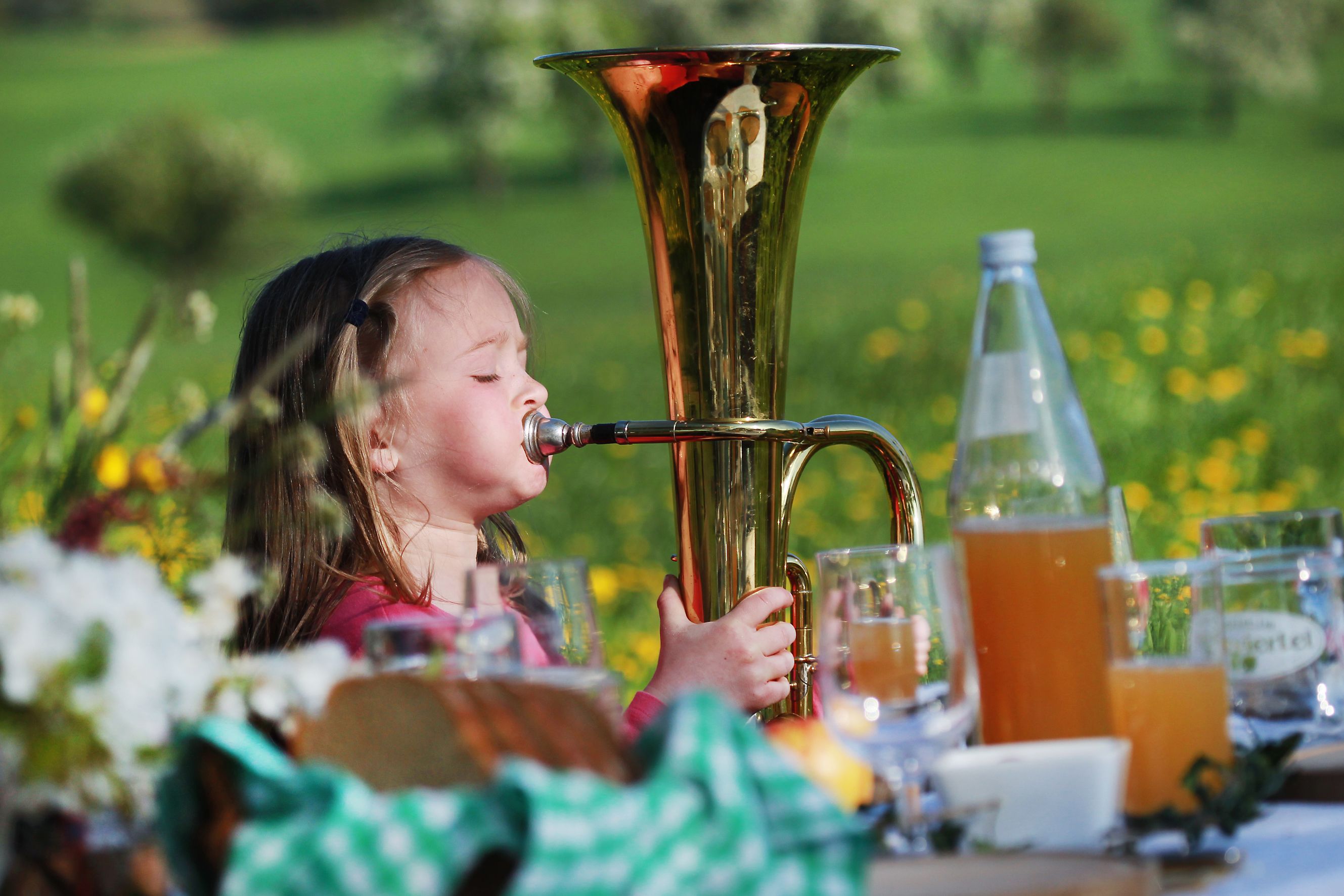 Ein kleines Mädchen spielt eine Tuba auf einer Wiese, umgeben von Getränken und Blumen.