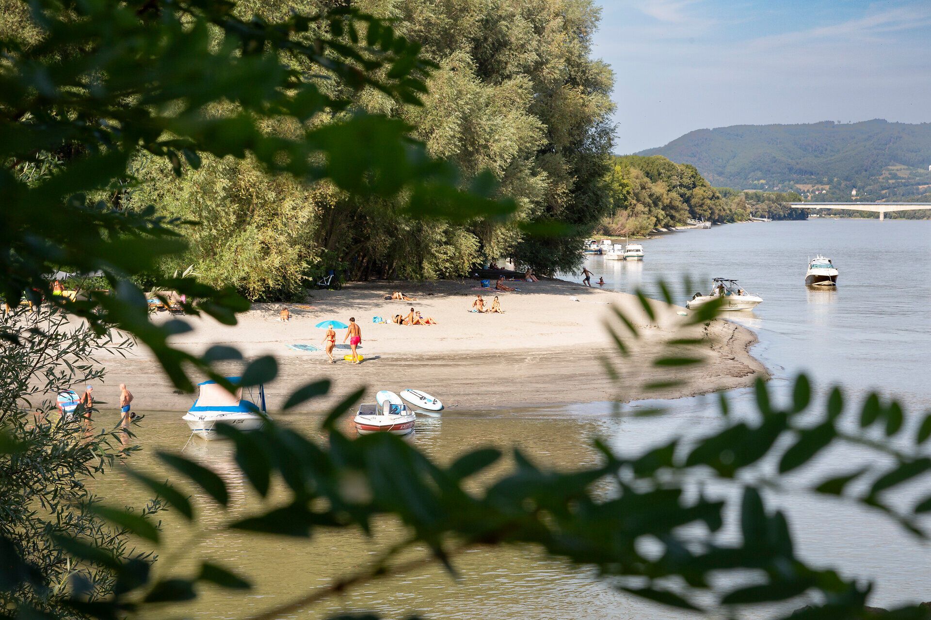 Badegäste bei der Pielachmündung und Boote im Wasser.