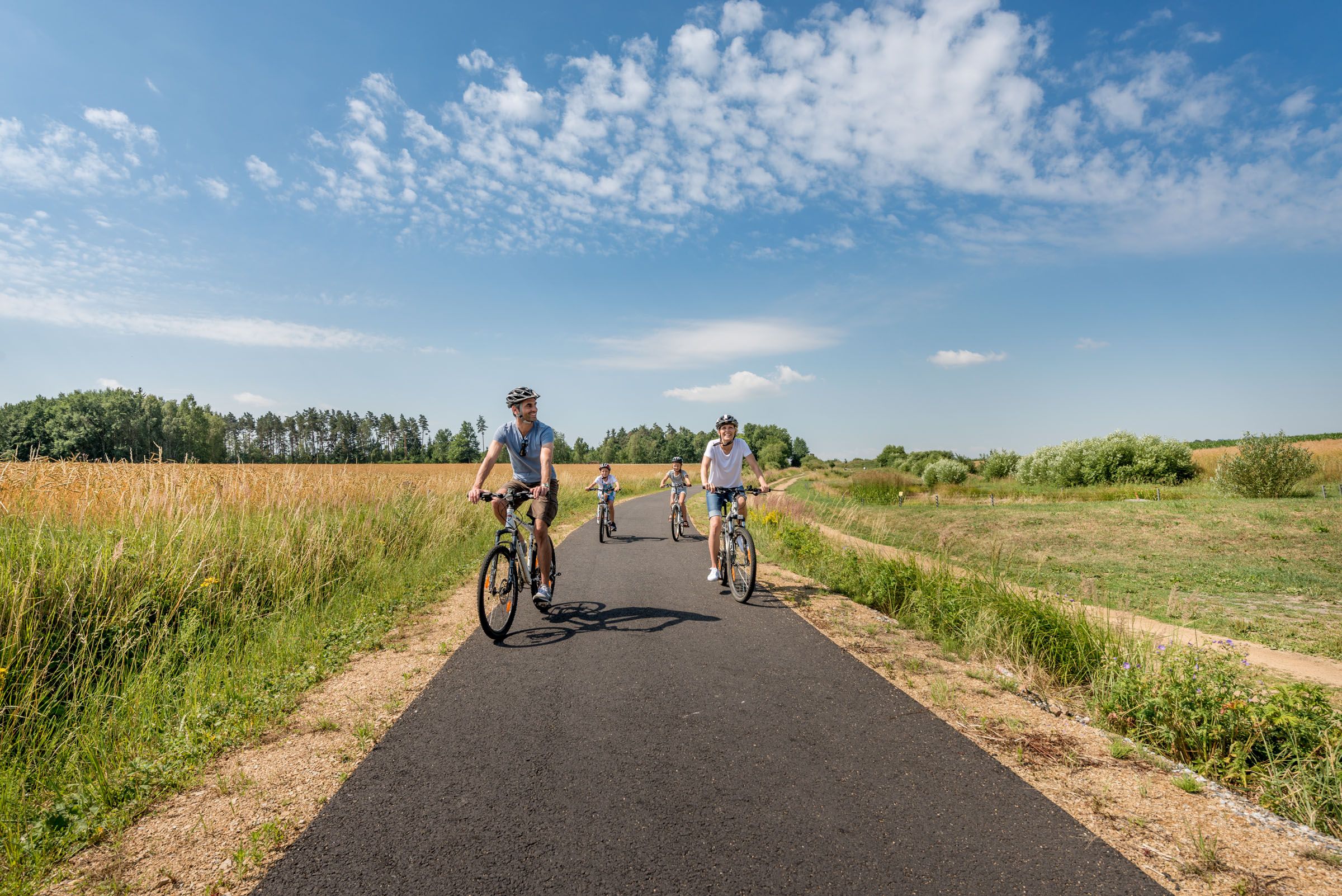Vier Personen fahren bei sonnigem Wetter auf einem Radweg durch eine ländliche Landschaft.