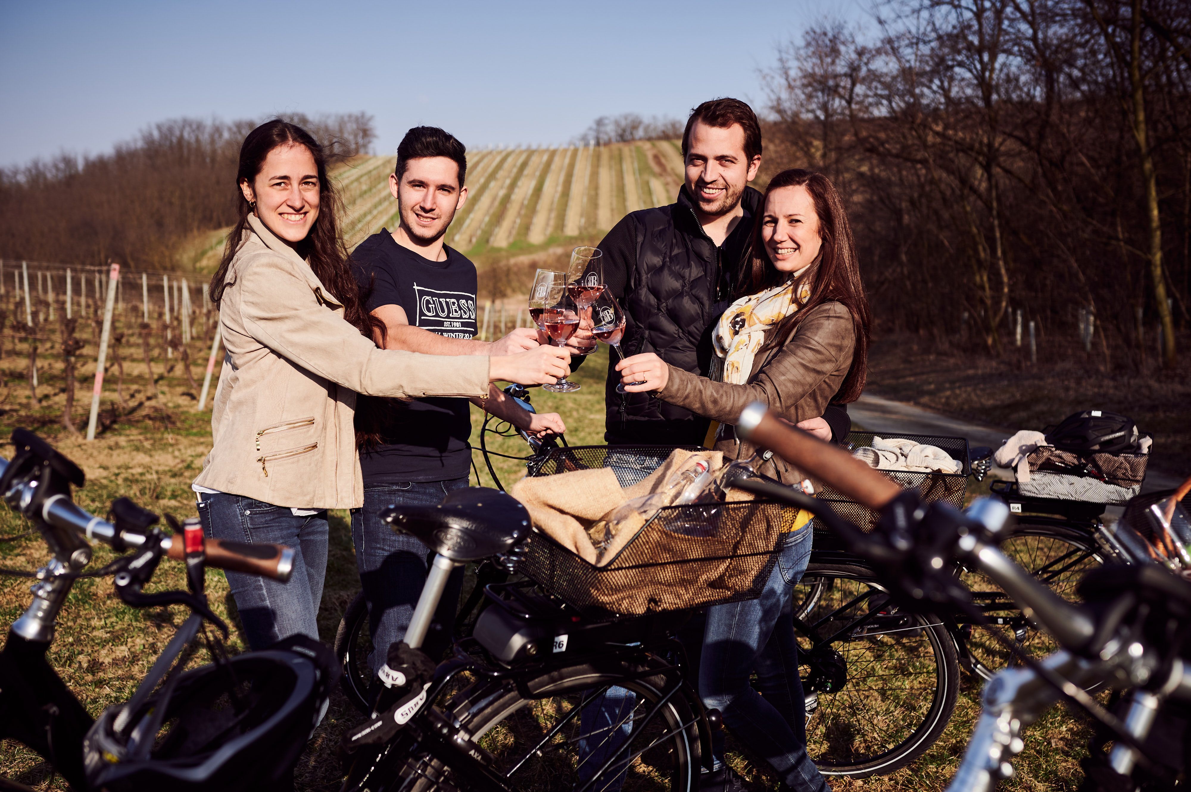 Vier Personen stoßen mit Weingläsern an, während sie neben E-Bikes in einem Weinberg stehen.