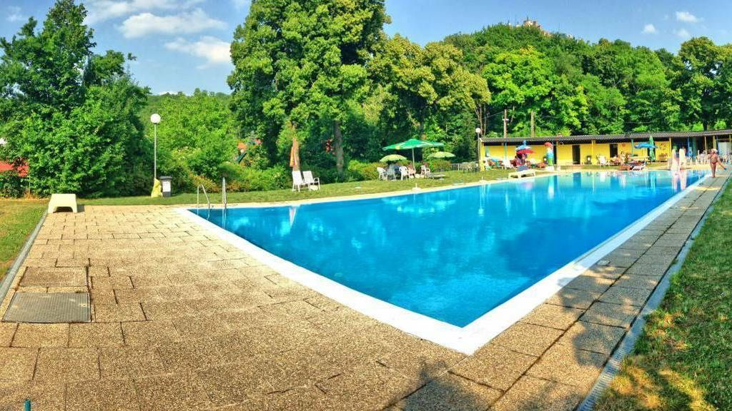 Ein Freibad mit klarem Wasser, umgeben von Bäumen und Liegestühlen unter Sonnenschirmen.