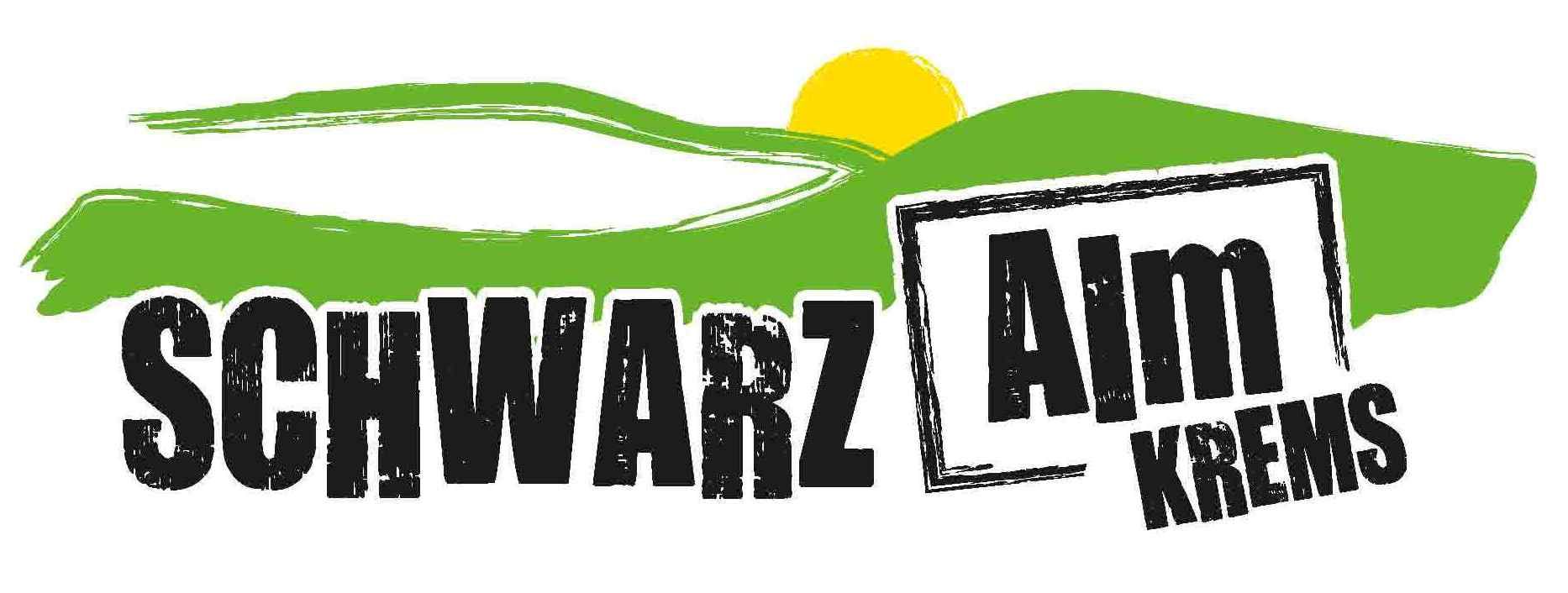 Logo der Schwarzalm Krems mit grünem Hügel und gelber Sonne.