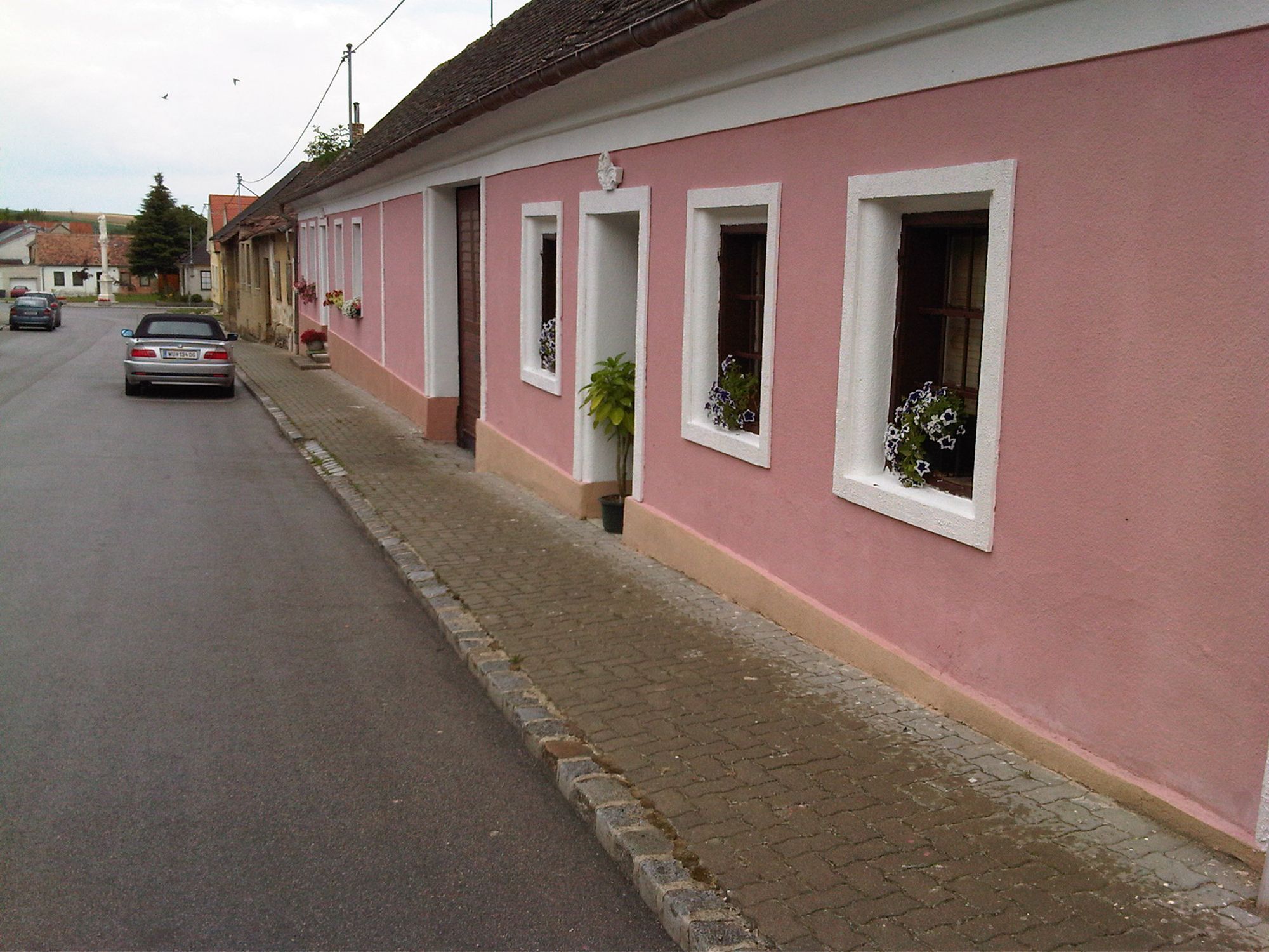 Straßenansicht mit rosa Haus und parkendem Auto.