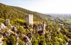 Die majestätischen Ruinen thronen hoch oben auf den Felsen und bieten einen atemberaubenden Blick auf die umliegende grüne Landschaft. Umgeben von dichten Wäldern und sanften Hügeln, lädt dieser Ort dazu ein, die Ruhe der Natur zu genießen und die Geschichte der Region zu erkunden.