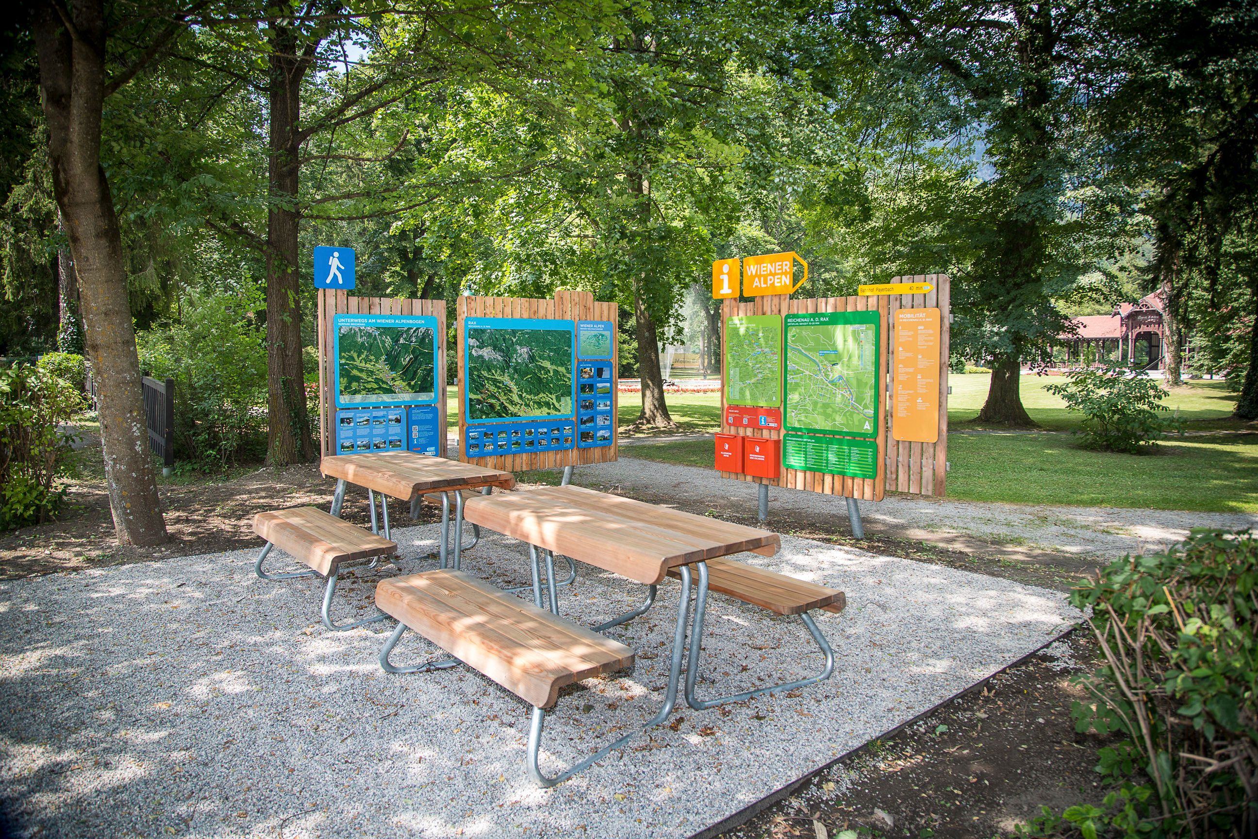 Wanderstartplatz im Kurpark Reichenau mit Infotafeln und Sitzbänken.