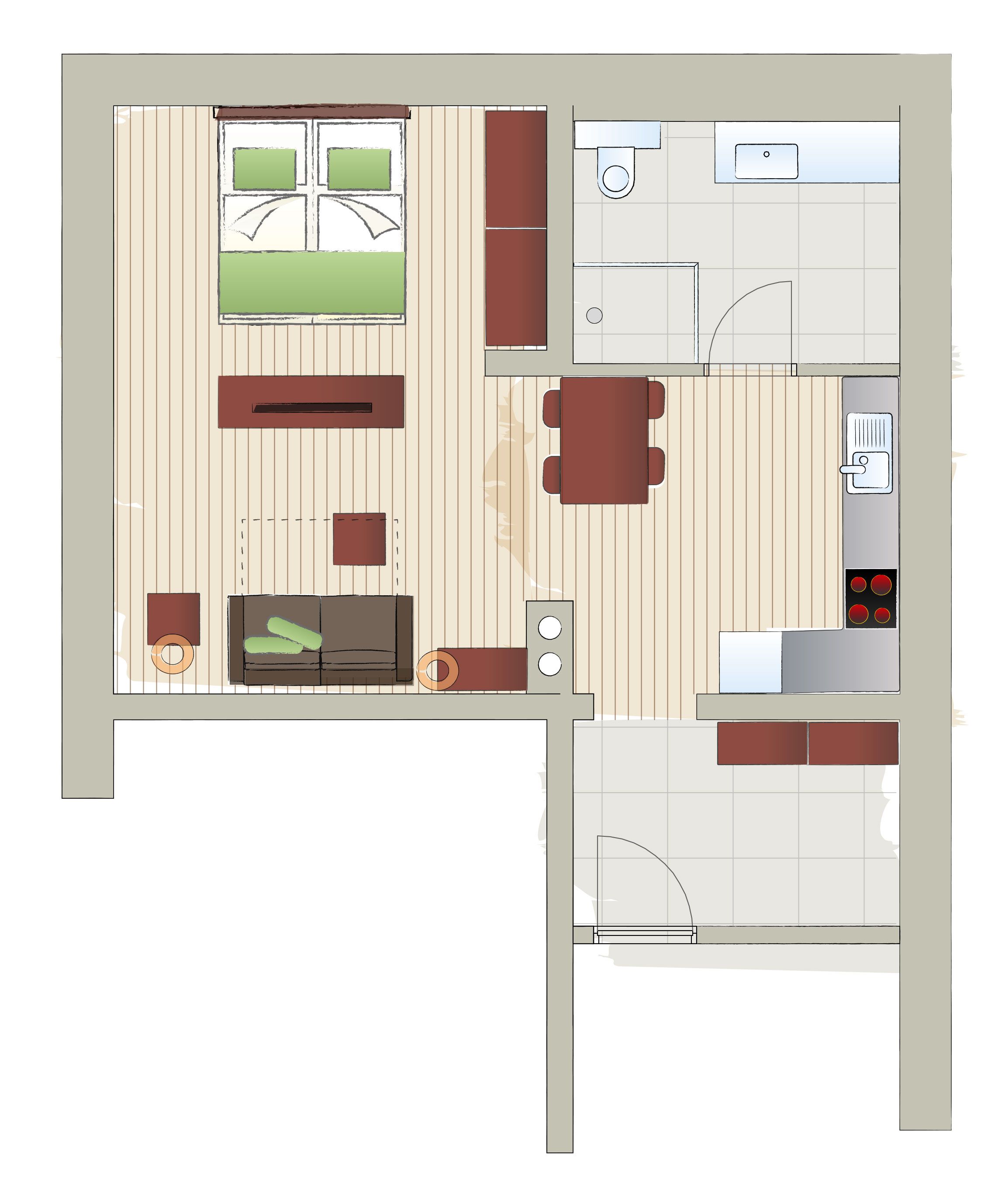 Grundriss einer Wohnung mit Schlafzimmer, Wohnzimmer, Küche und Bad.
