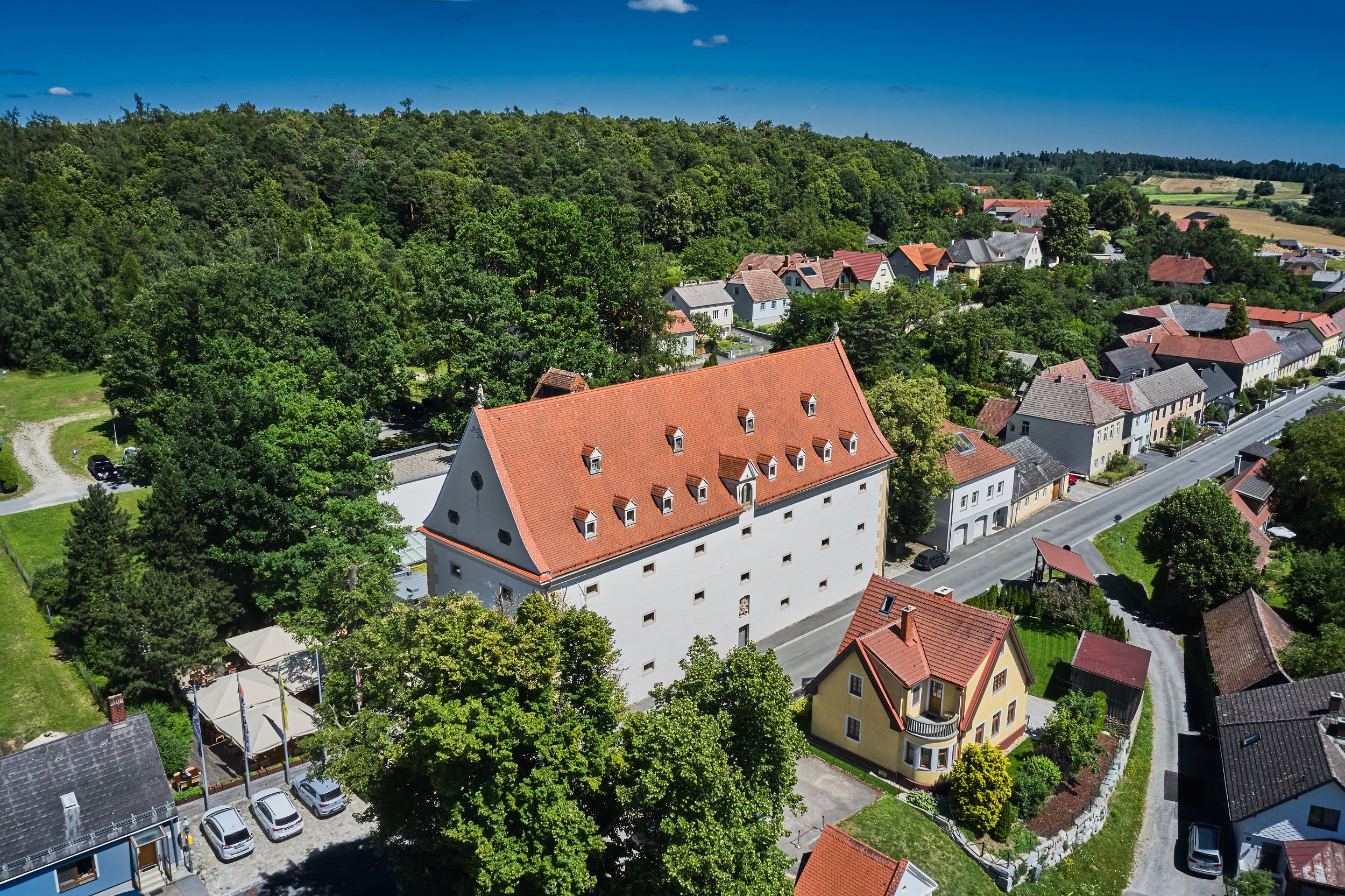 Luftaufnahme eines großen Gebäudes mit rotem Dach, umgeben von Bäumen und kleineren Häusern in einer ländlichen Gegend.