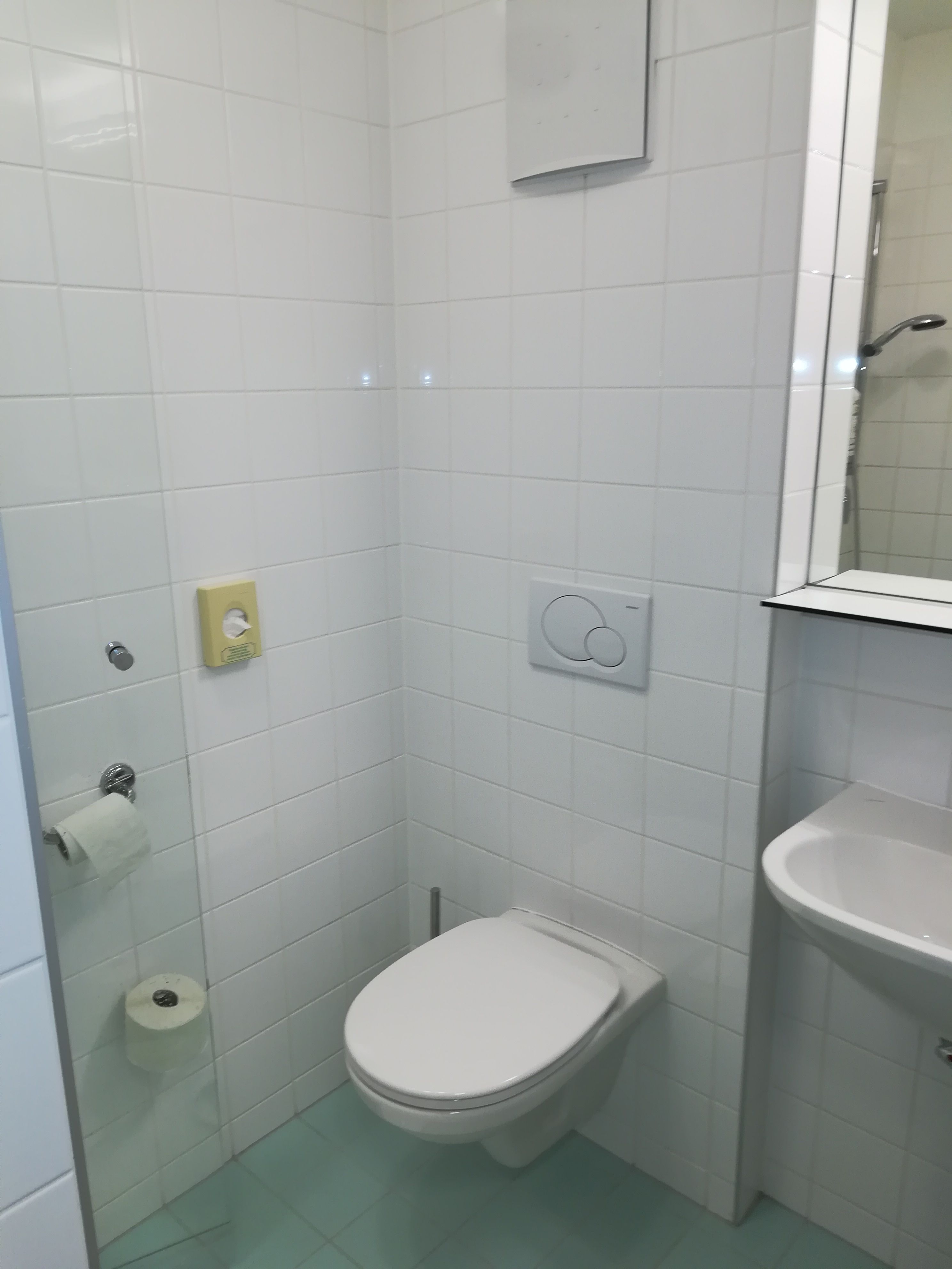 Kleines Badezimmer mit weiß gefliesten Wänden, einer Toilette, einem Waschbecken und Toilettenpapierhalter.