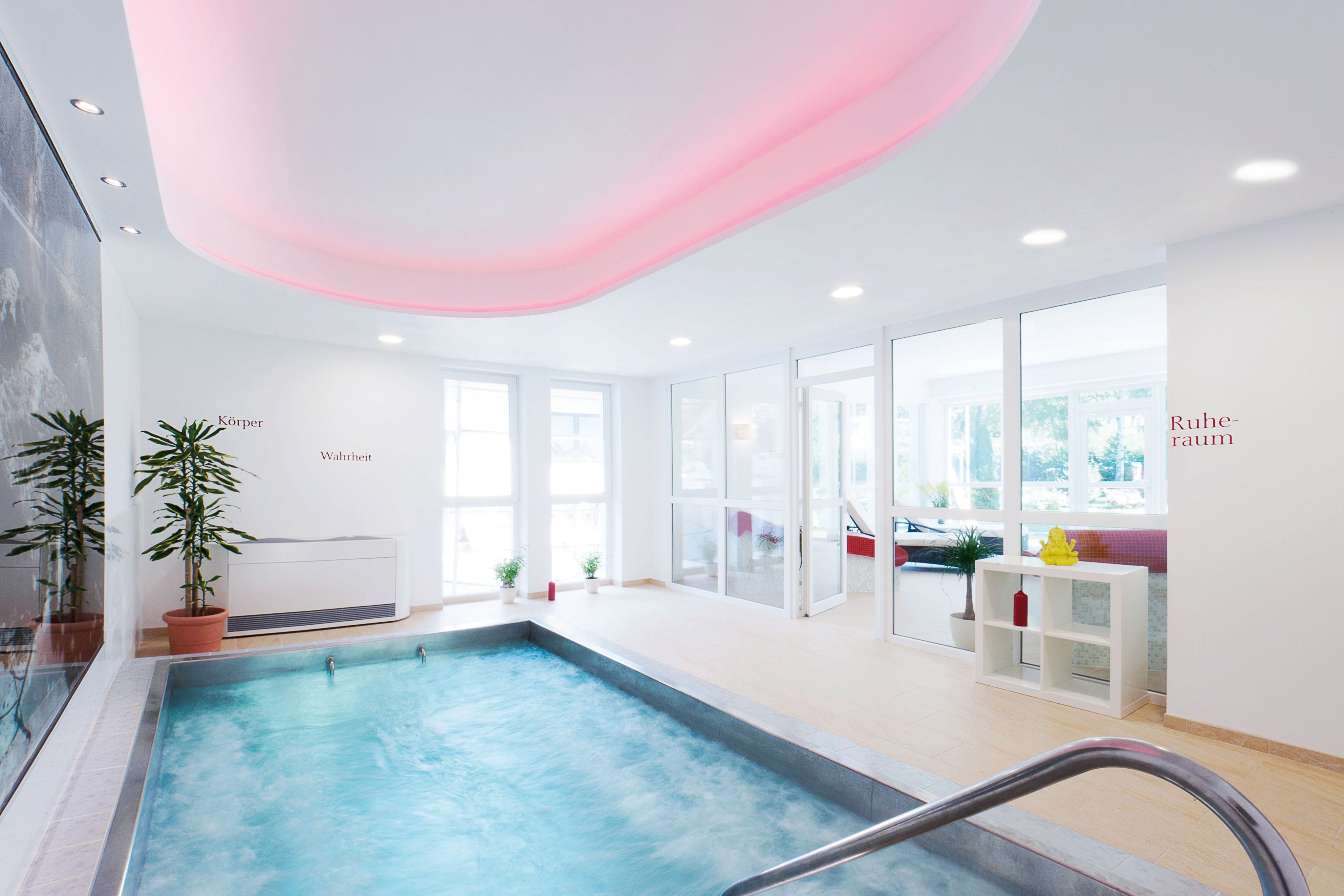 Moderner Wellnessbereich mit kleinem Pool, Pflanzen und ruhiger Atmosphäre.