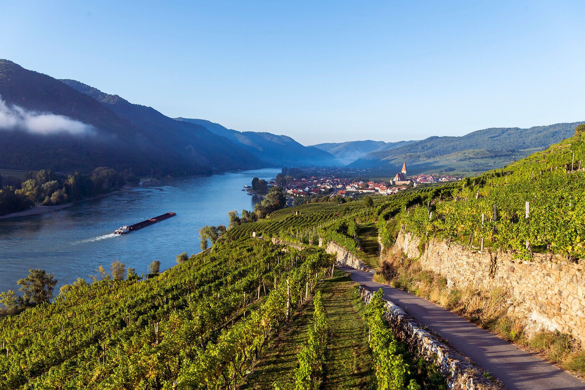 Die sanften Hügel der Weinberge erstrecken sich majestätisch entlang der Donau, während die Morgensonne die Landschaft in warmes Licht taucht. Ein malerisches Dorf schmiegt sich an das Ufer, umgeben von der atemberaubenden Kulisse der Berge, die zum Entdecken einladen.
